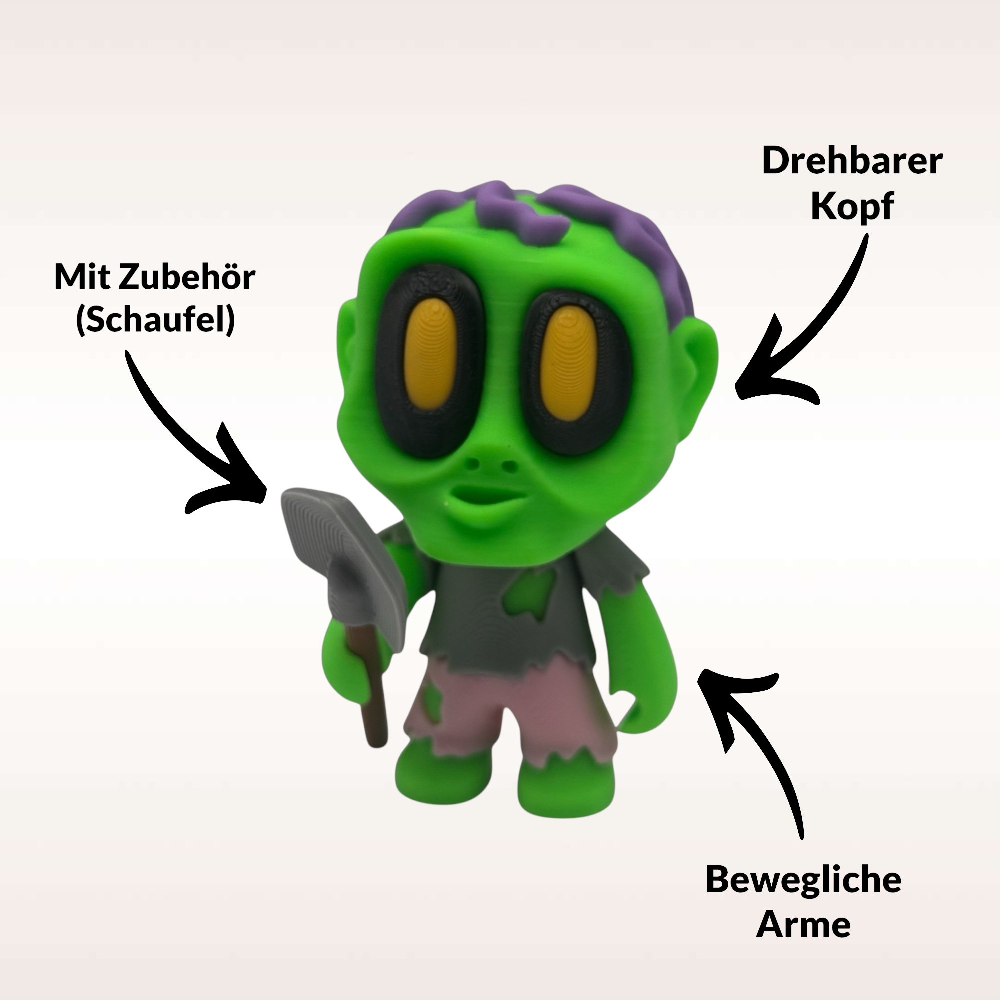 3D-gedruckte Zombiefigur mit Schaufel und Hinweisen zu drehbarem Kopf sowie beweglichen Armen als flexible Halloween-Deko.