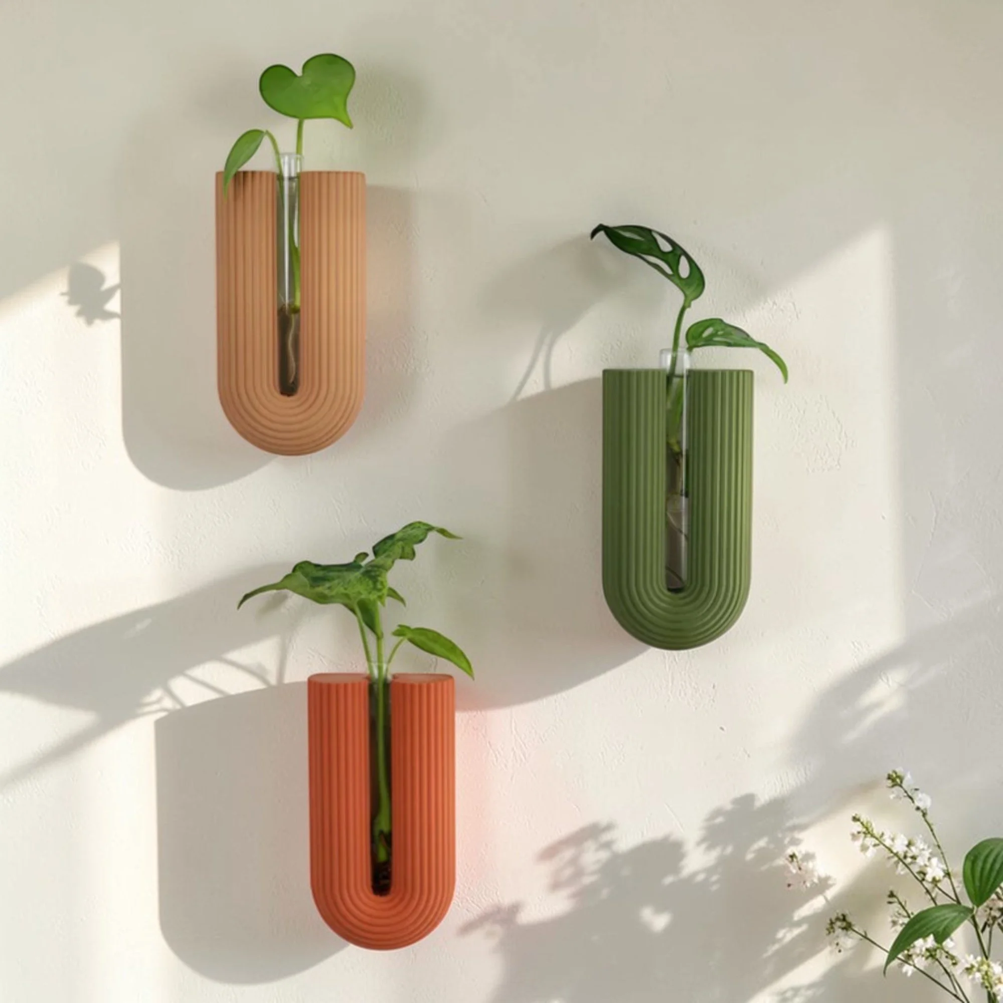 BOWIA Wandvasen in Natur, Terrakotta und Olivgrün mit Pflanzen im Wohnbereich, stilvoll inszeniert als moderne Wanddeko mit natürlicher Wirkung.