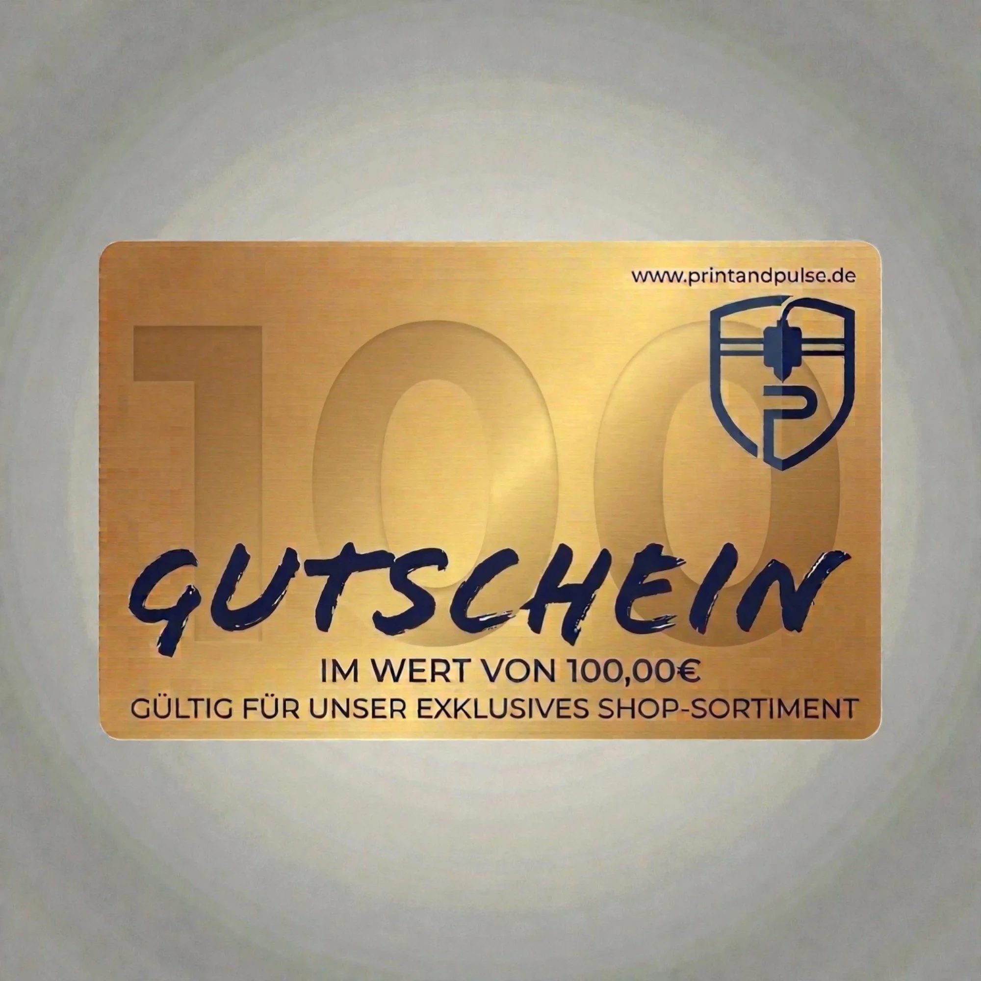 Schlichter goldfarbener Geschenkgutschein über 100 € mit Schriftzug, als hochwertige und flexible Geschenkoption für den Shop. (Kopie)