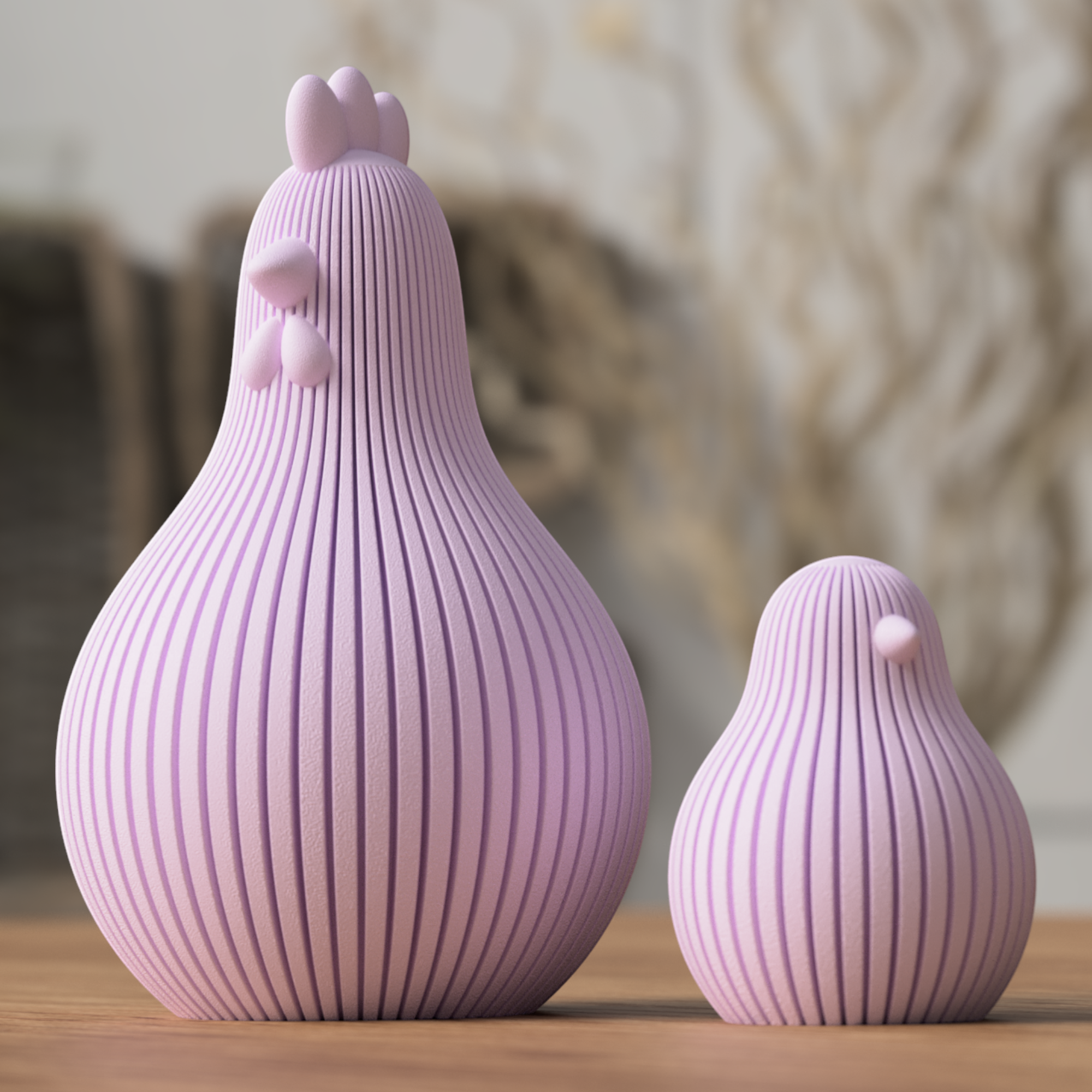 Osterhuhn und Küken in zartem Rosé, skulptural gestaltet mit feinen Linien und matter Optik als moderne Osterdekoration.