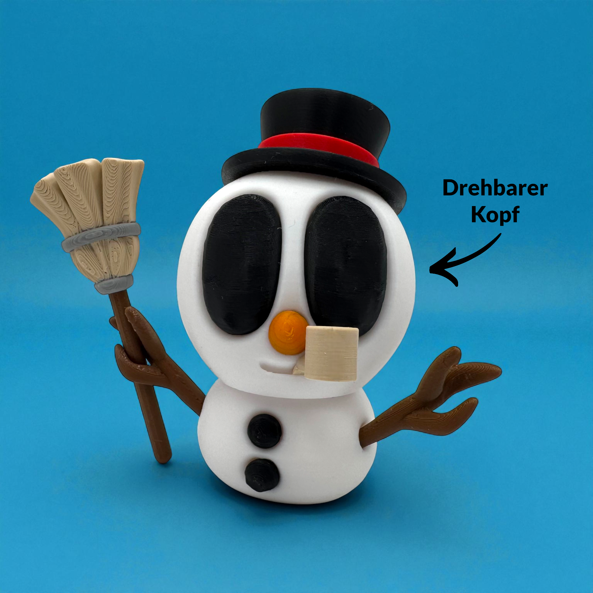 Schwarze Snowblobs Figur mit Zylinder und Besen auf blauem Hintergrund, mit Hinweisen zu drehbarem Kopf und Zubehör abgebildet.