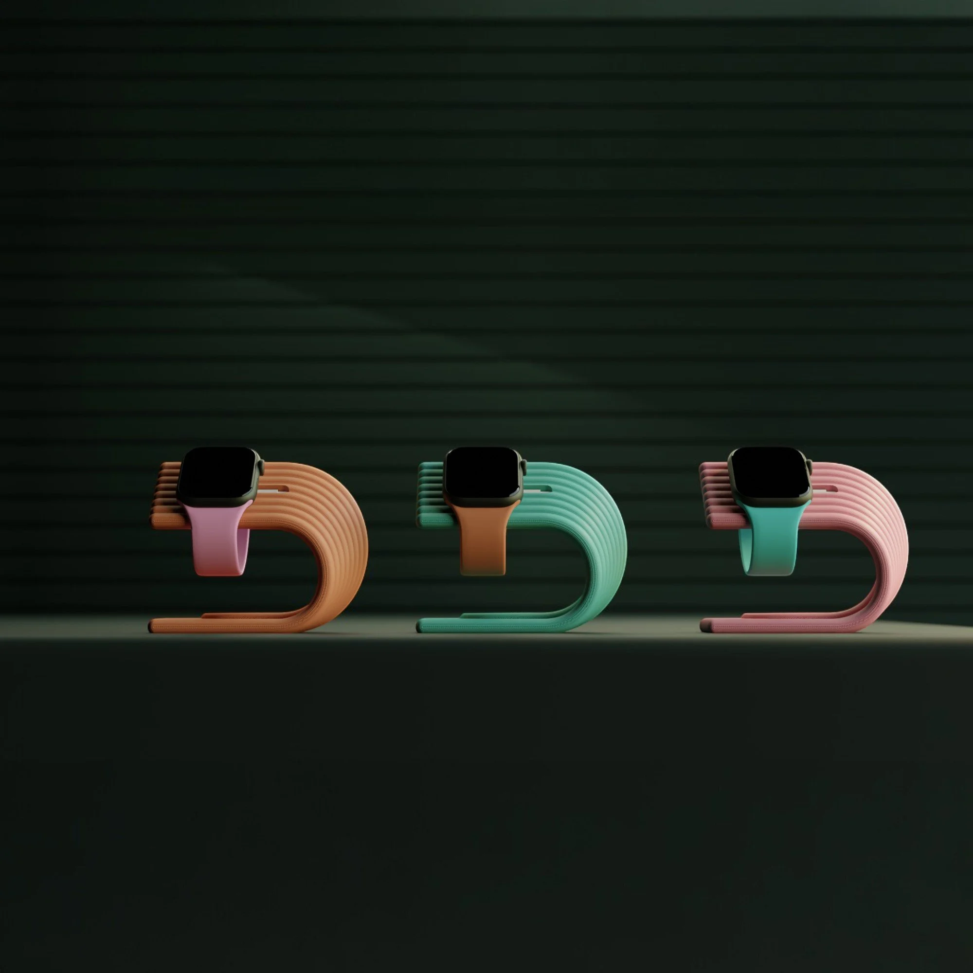 Drei Apple Watch Ladeständer in Beige, Mint und Rosa nebeneinander auf dunklem Hintergrund, kompakte Form für ein modernes Desk Setup.