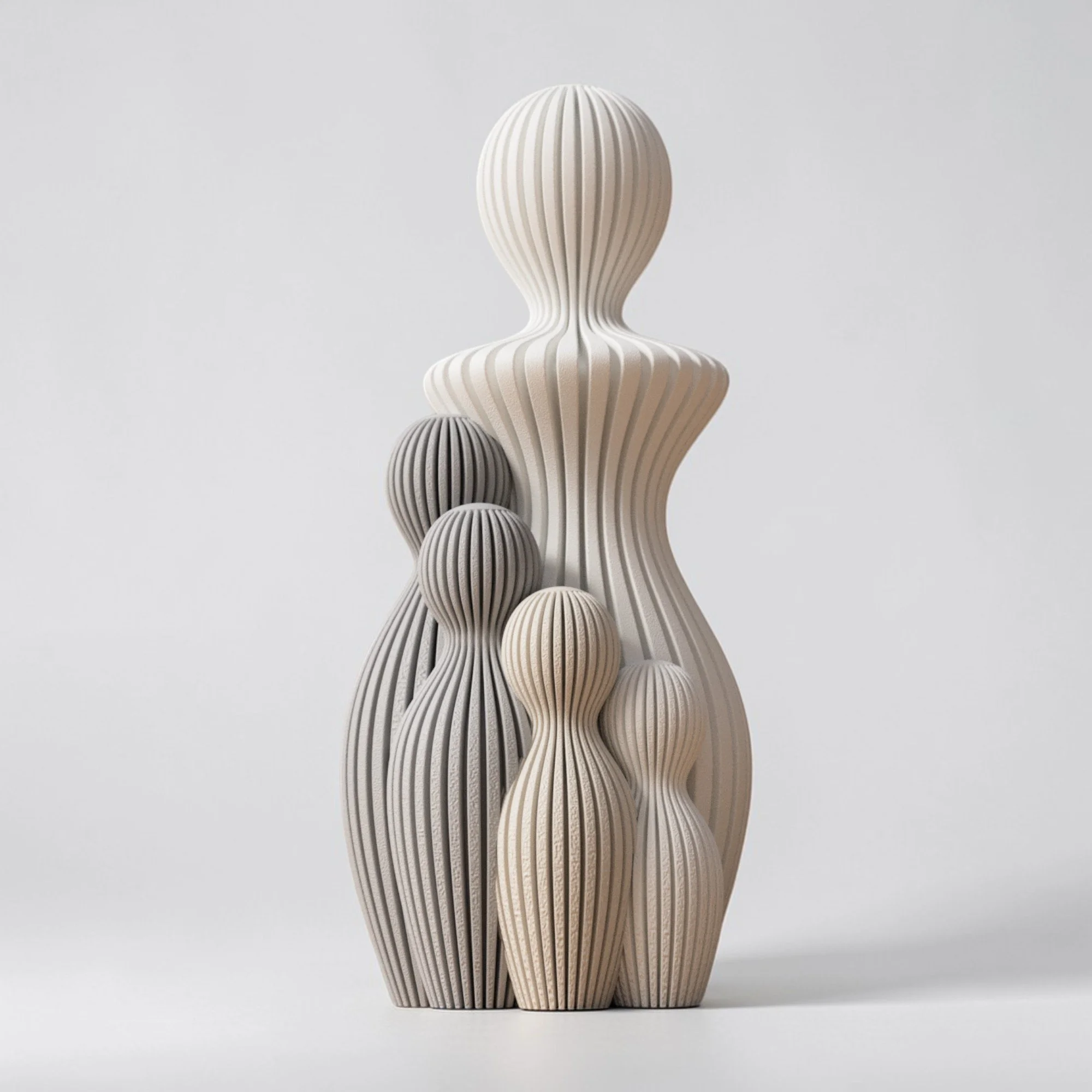 Moderner Mutter Kind Figur mit einem Kind in geschwungener Form aus hellem Material, minimalistisch gestaltet als emotionale Dekoration für Zuhause