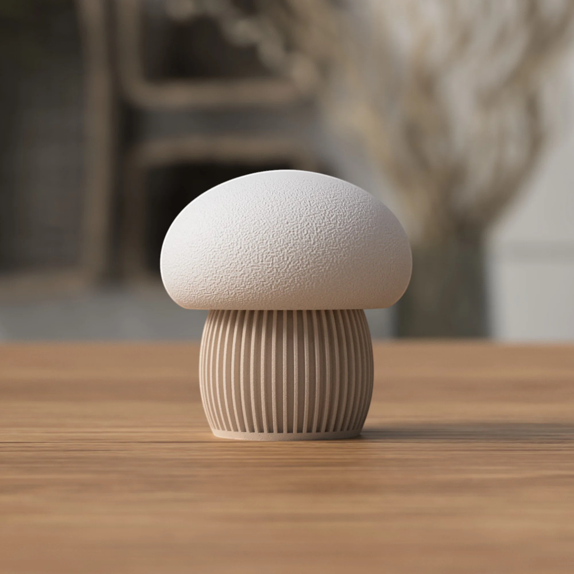 Kleiner Pilz Behälter mit beigem geripptem Unterteil und weißem Deckel als schlichtes Wohnaccessoire im Japandi Stil.