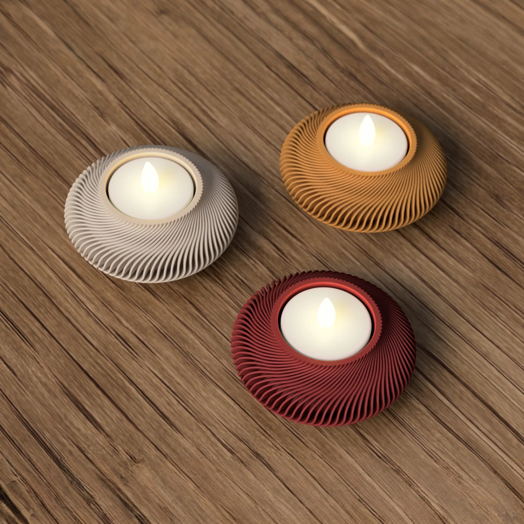 LED-Teelichthalter mit geschwungenen Rippen in Creme, Goldbraun und Dunkelrot, von oben gezeigt auf Holzoberfläche mit sichtbarem LED-Teelicht.