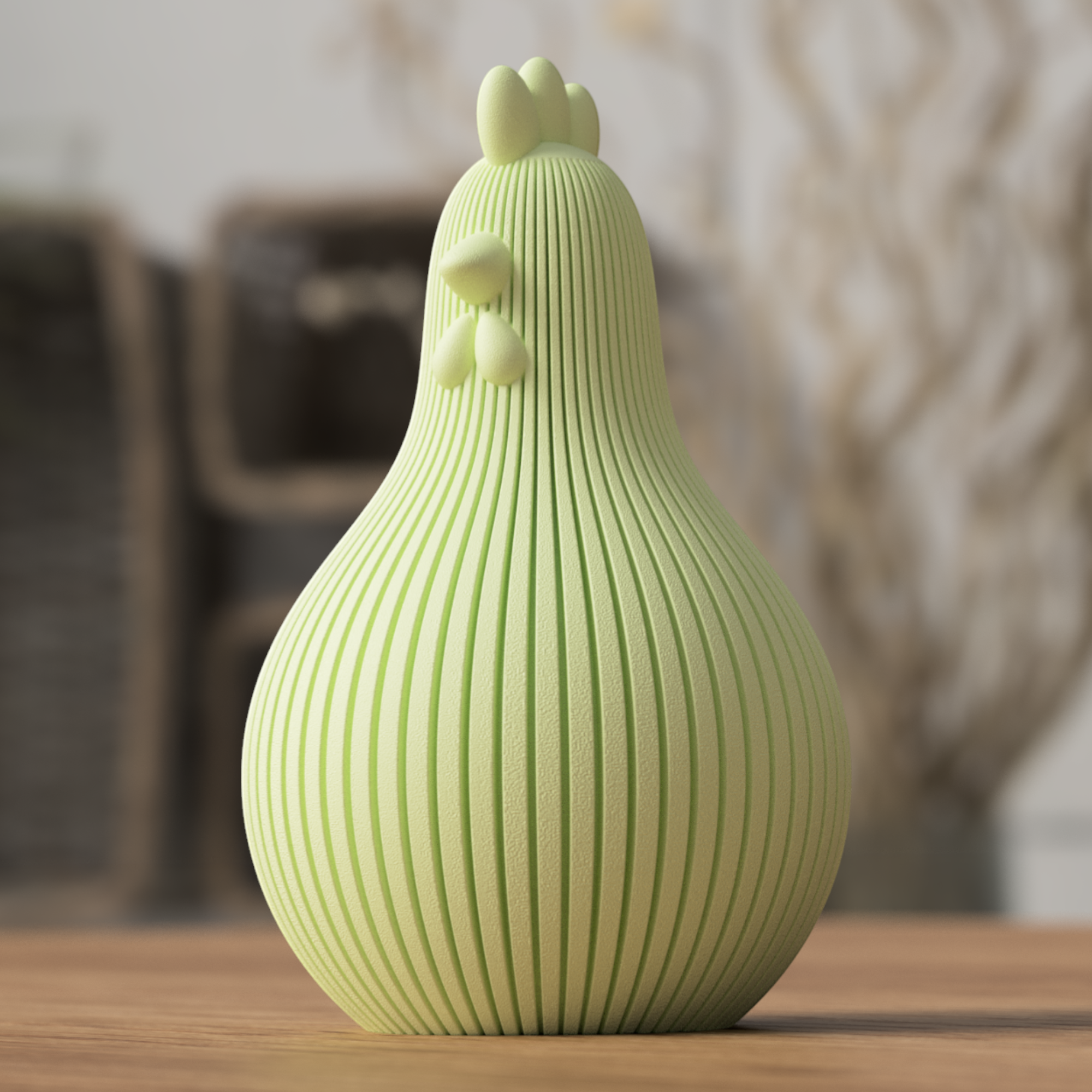 Großes Osterhuhn in hellem Grün mit eleganter Rillenstruktur und matter Oberfläche, reduziert gestaltet für moderne Osterdeko.