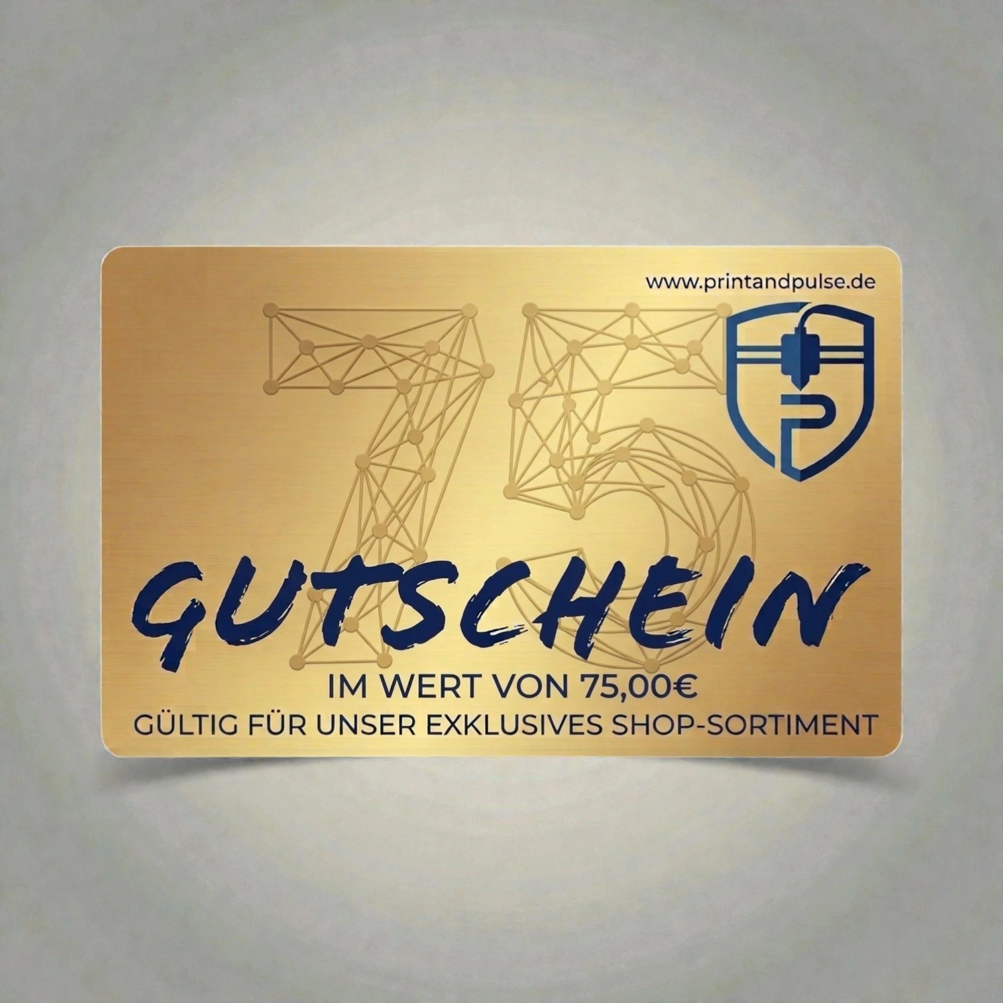 Goldfarbener Geschenkgutschein über 75 € mit dekorativem Linienmotiv und Schriftzug, für eine freie Auswahl im Shop einlösbar. (Kopie)