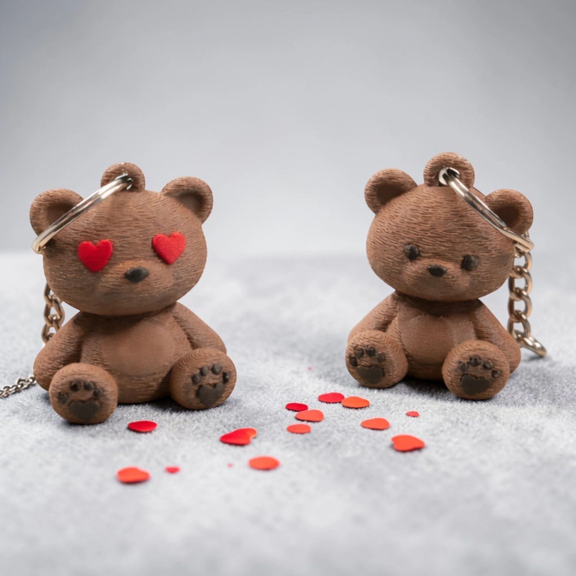 Zwei braune Teddy Schlüsselanhänger mit klassischem Gesicht und Herzaugen auf hellem Hintergrund, daneben kleine rote Herzen als verspieltes Detail.