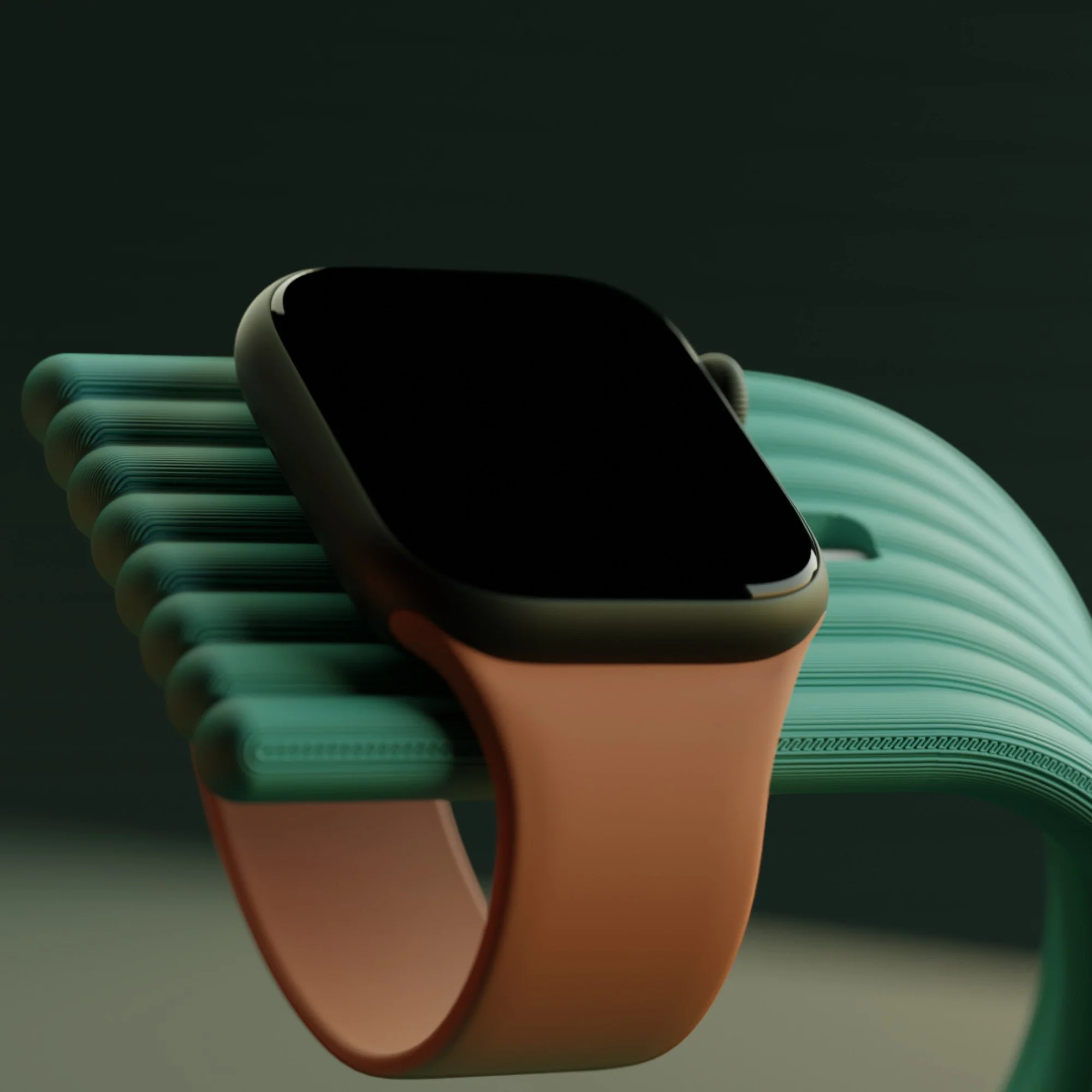 Apple Watch Ladeständer in Beige mit eingesetzter Uhr, geschwungene Form mit integrierter Kabelführung für elegantes Laden auf dem Schreibtisch.