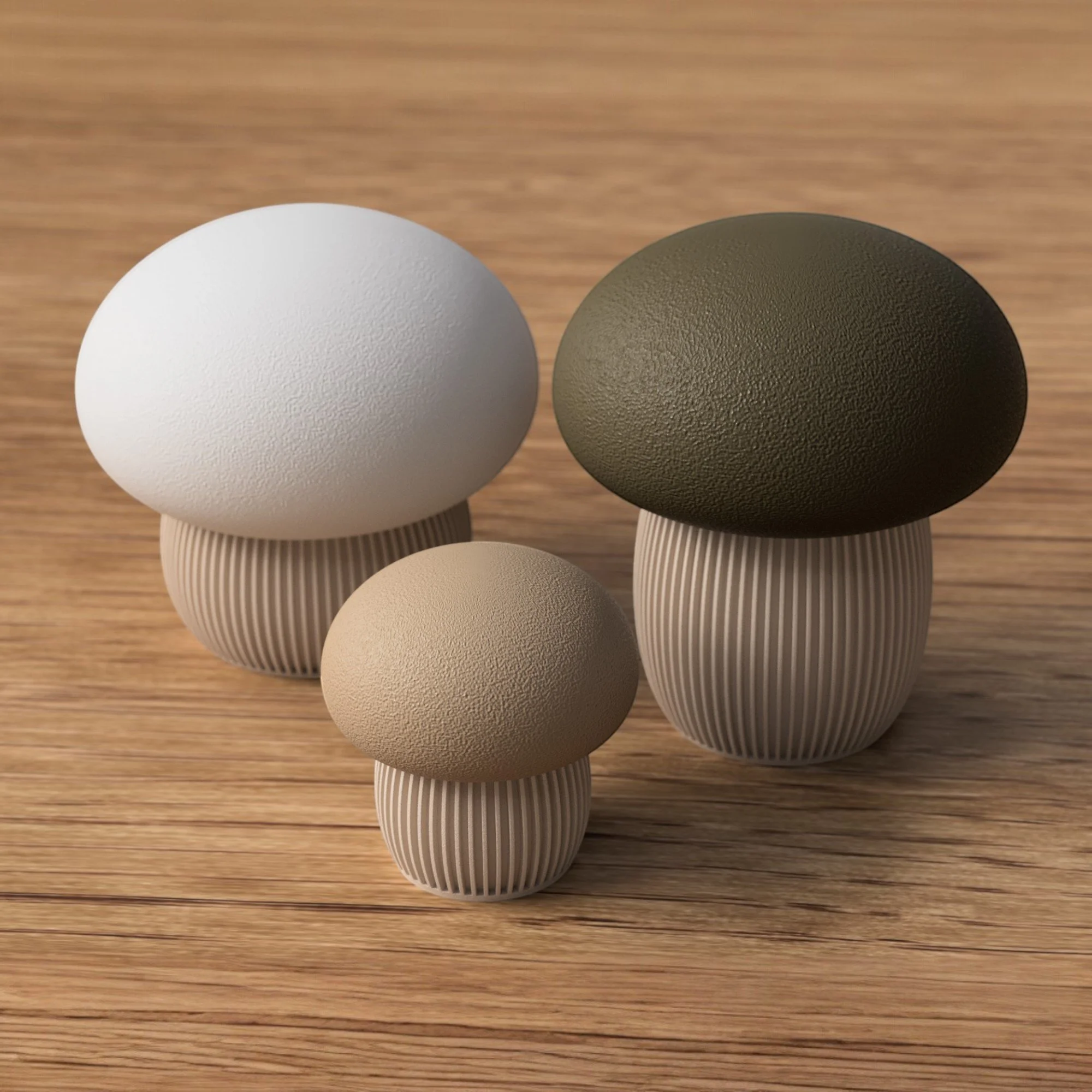 Pilz Behälter als 3er Set mit beigen Unterteilen und Deckeln in Weiß, Beige und Dunkelgrün als ruhige Japandi Deko auf Holztisch.