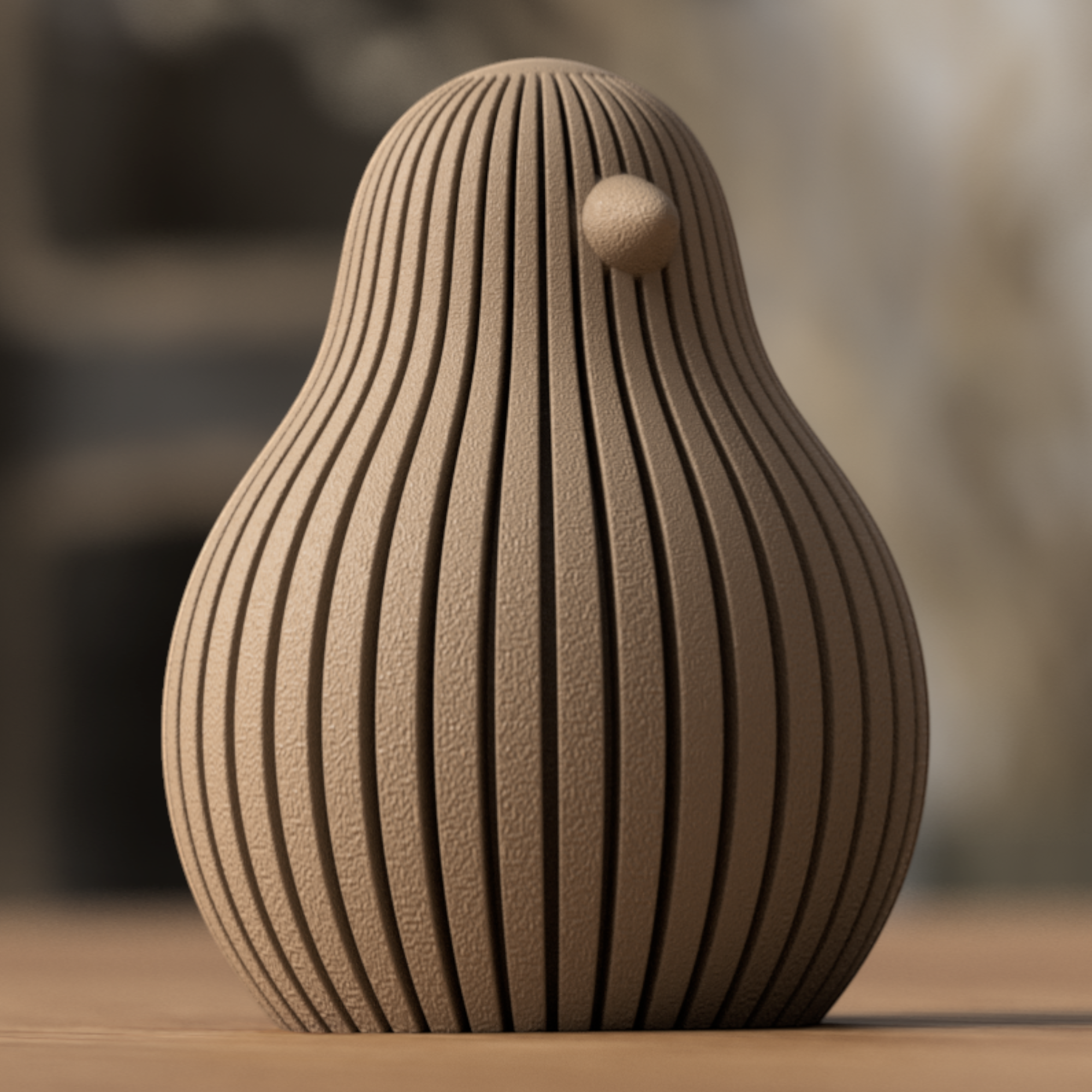 Einzelnes Osterhuhn in Hellbraun mit schmalen vertikalen Linien und runder Silhouette als stilvolle Deko für Tisch oder Regal.