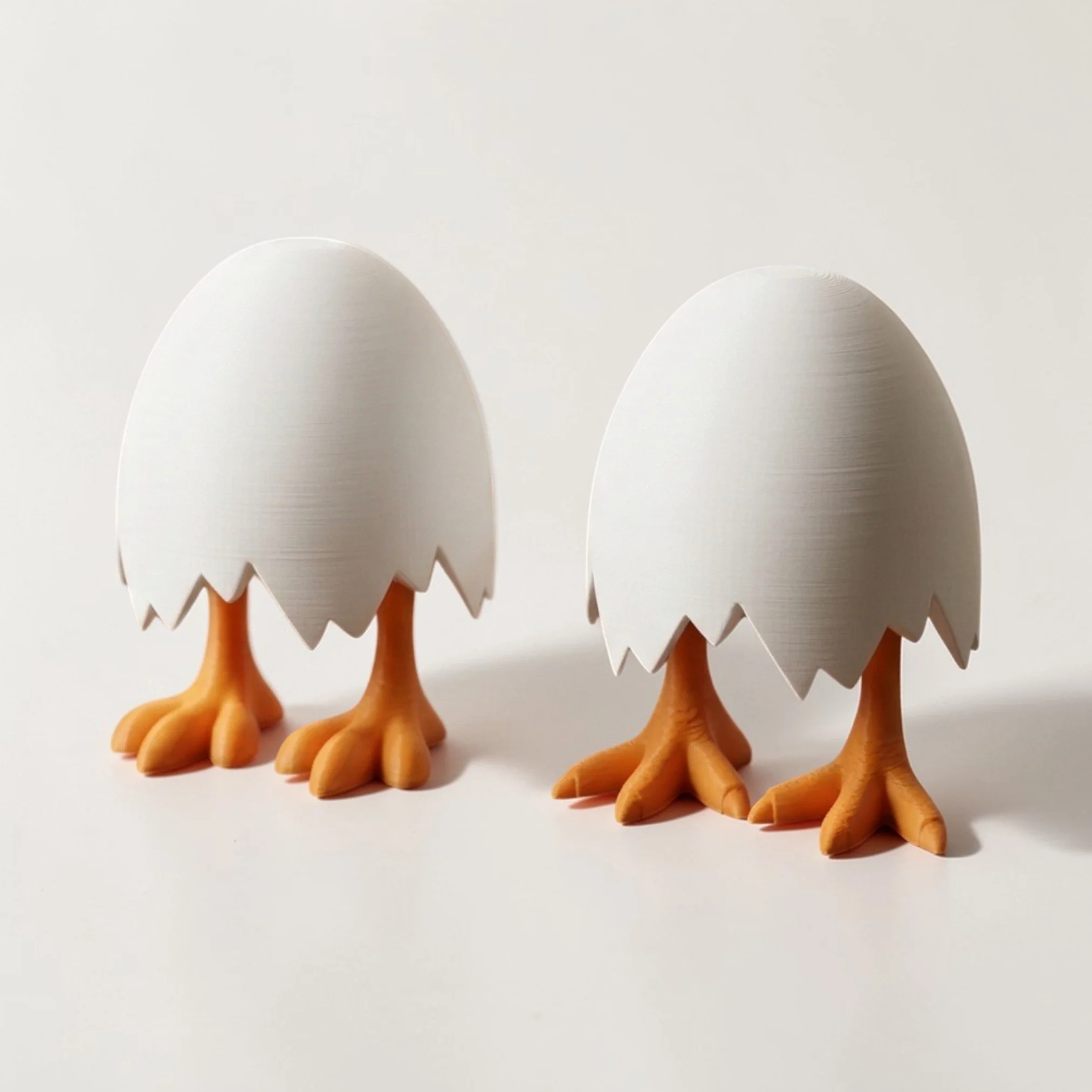 Witziges Osterei mit Beinen im Zweierset, weiße Eierfiguren mit orangefarbenen Hühnerbeinen als moderne Osterdeko auf hellem Hintergrund.