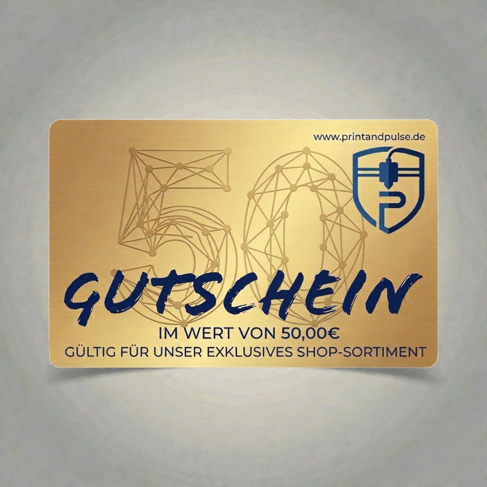 Goldfarbener Geschenkgutschein über 50 € mit feinem Linienmotiv und Schriftzug, als flexible Geschenkidee für Produkte aus dem Shop. (Kopie)