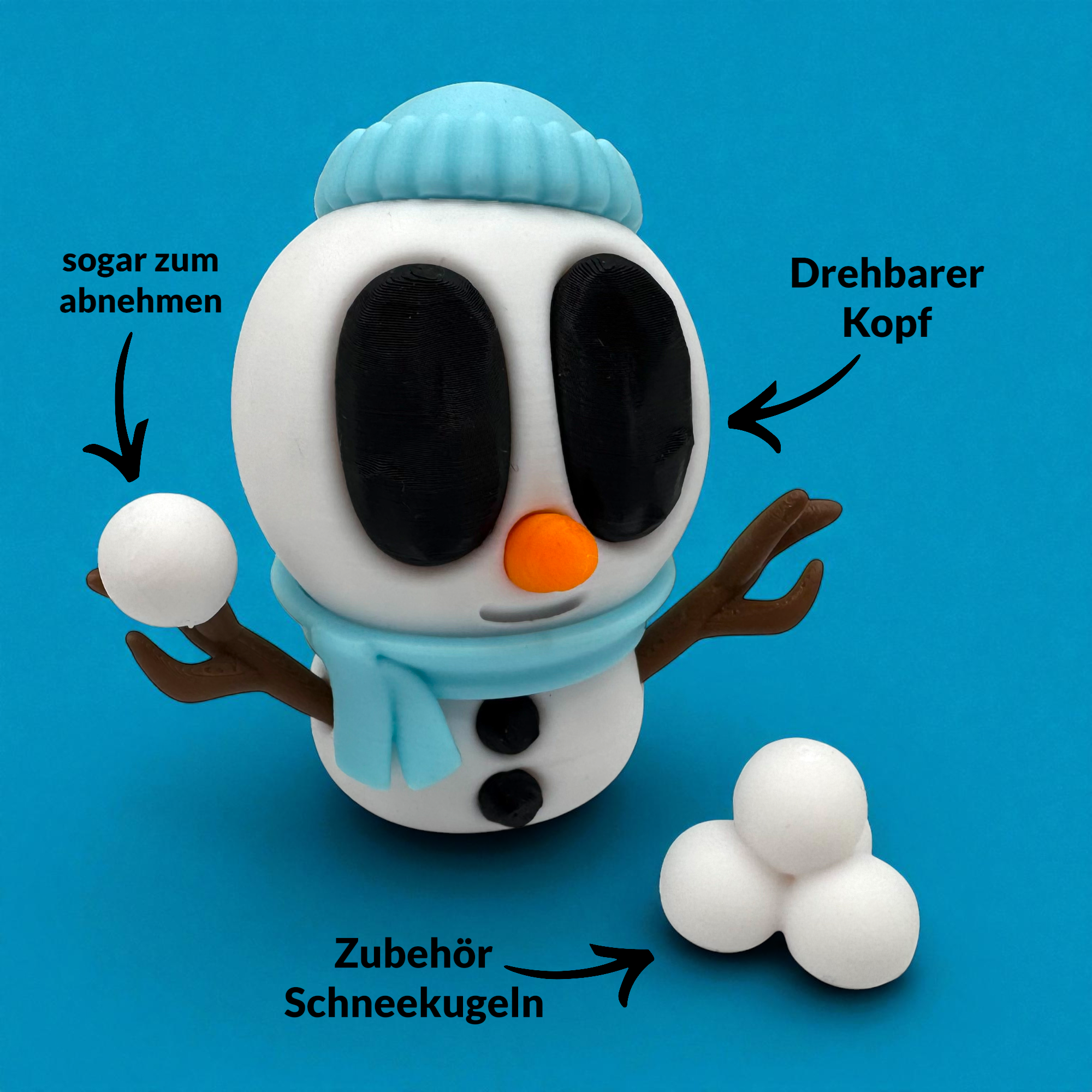 Blaue Snowblobs Figur mit Mütze und Schneebällen auf blauem Hintergrund, mit Pfeilen zu drehbarem Kopf und Zubehör versehen.