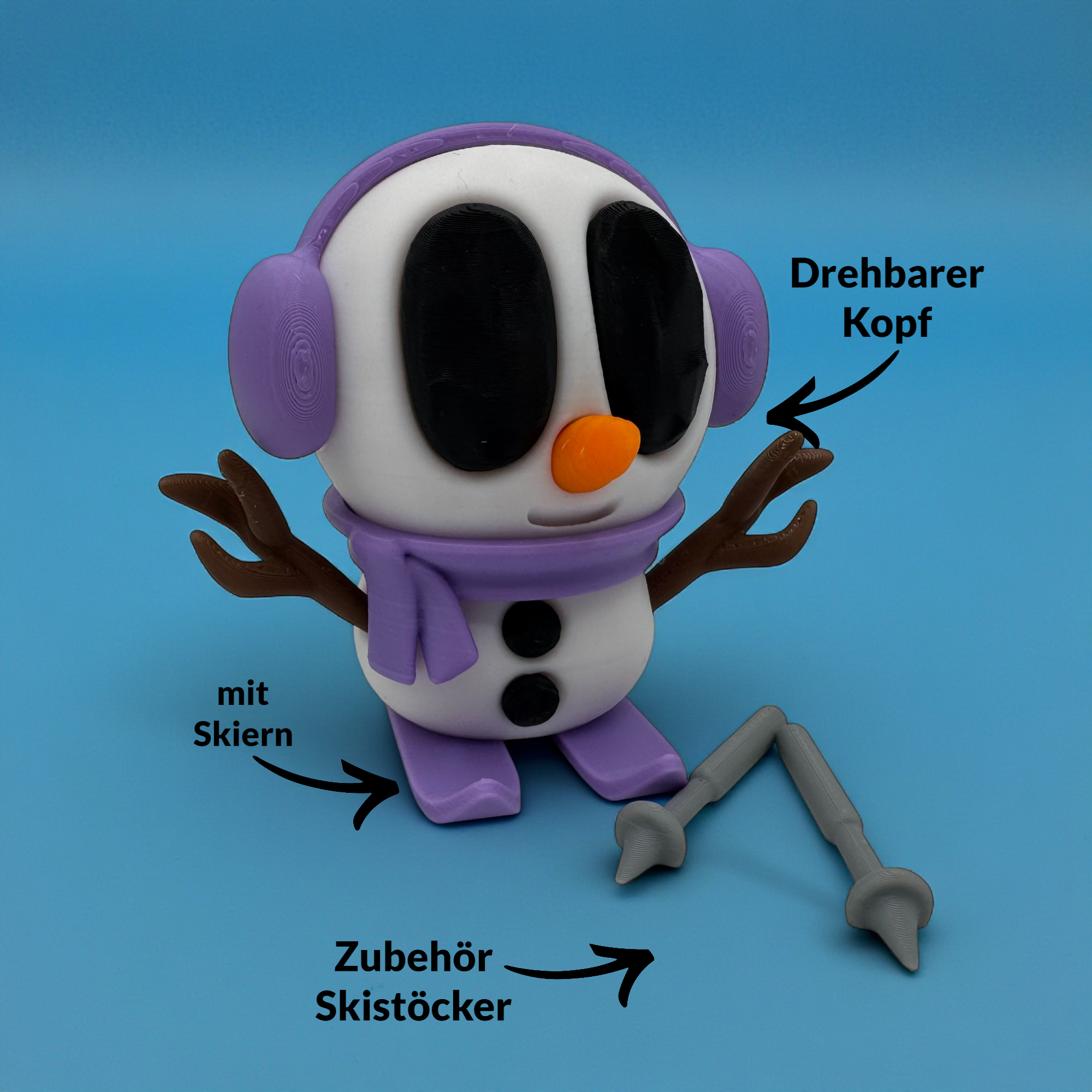 Violette Schneemannfigur mit Ski und Stöcken auf blauem Hintergrund, ergänzt durch Hinweise zu drehbarem Kopf und Zubehör.
