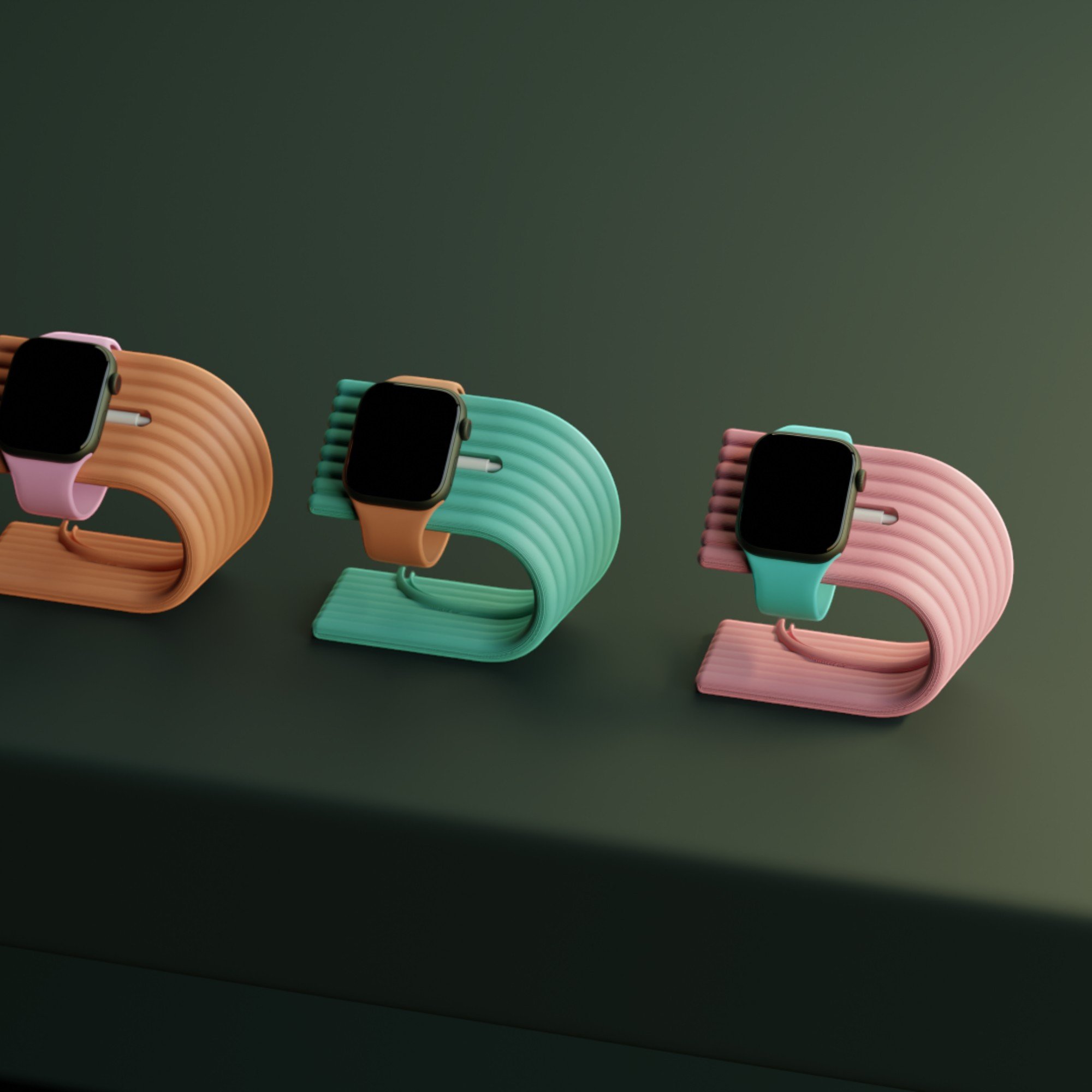 Apple Watch Ladeständer in Beige, Mint und Rosa mit eingesetzter Uhr auf dunklem Hintergrund, stilvolle Präsentation der Farbvarianten.