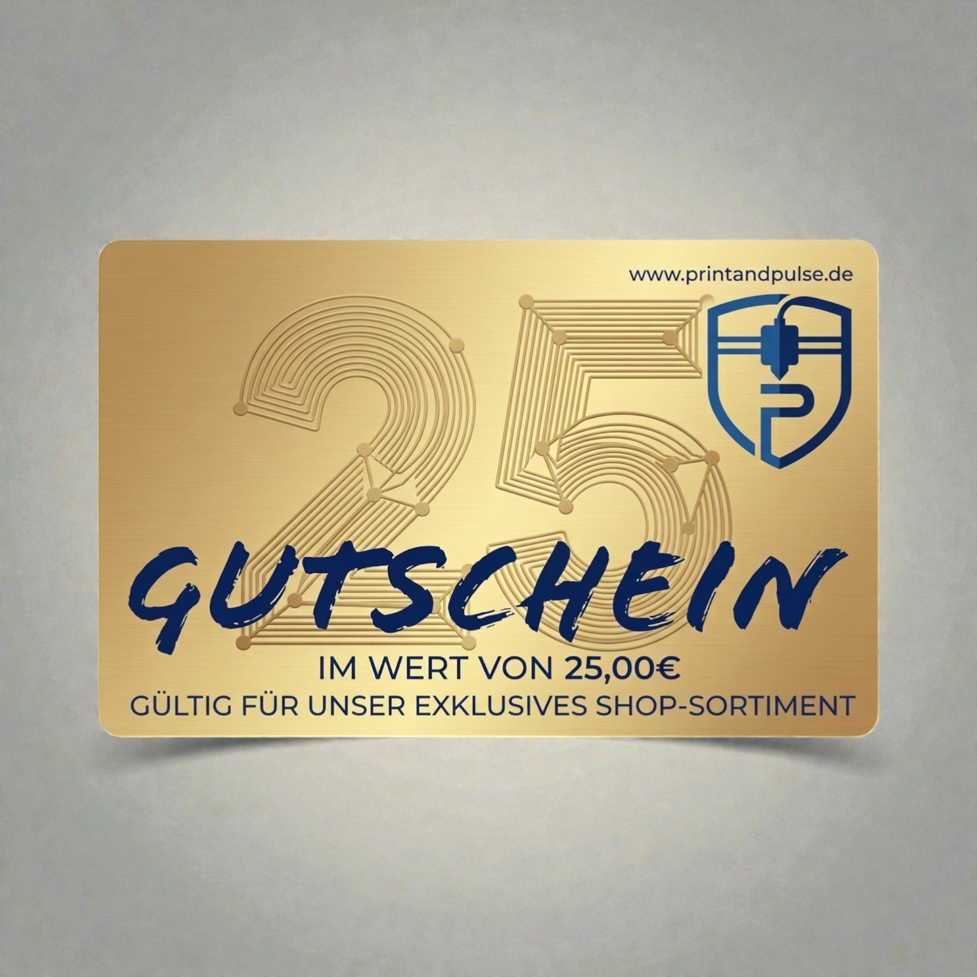 Goldfarbener Geschenkgutschein über 25 € mit ornamentalem Muster und markantem Schriftzug, geeignet für freie Produktauswahl im Shop. (Kopie)