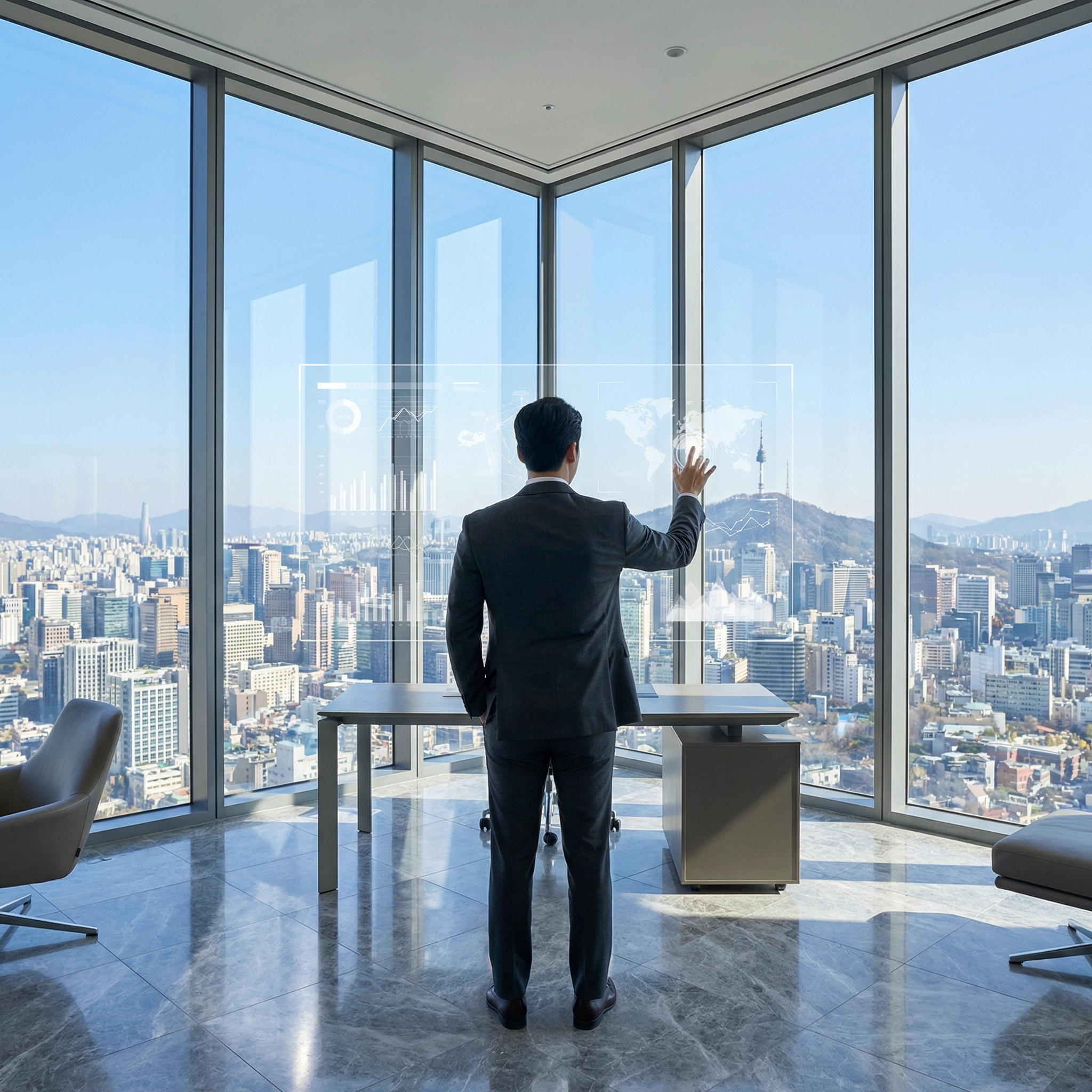 고층 빌딩 사무실에서 도시 풍경을 바라보며 홀로 서서 터치 스크린을 사용하는 남성.