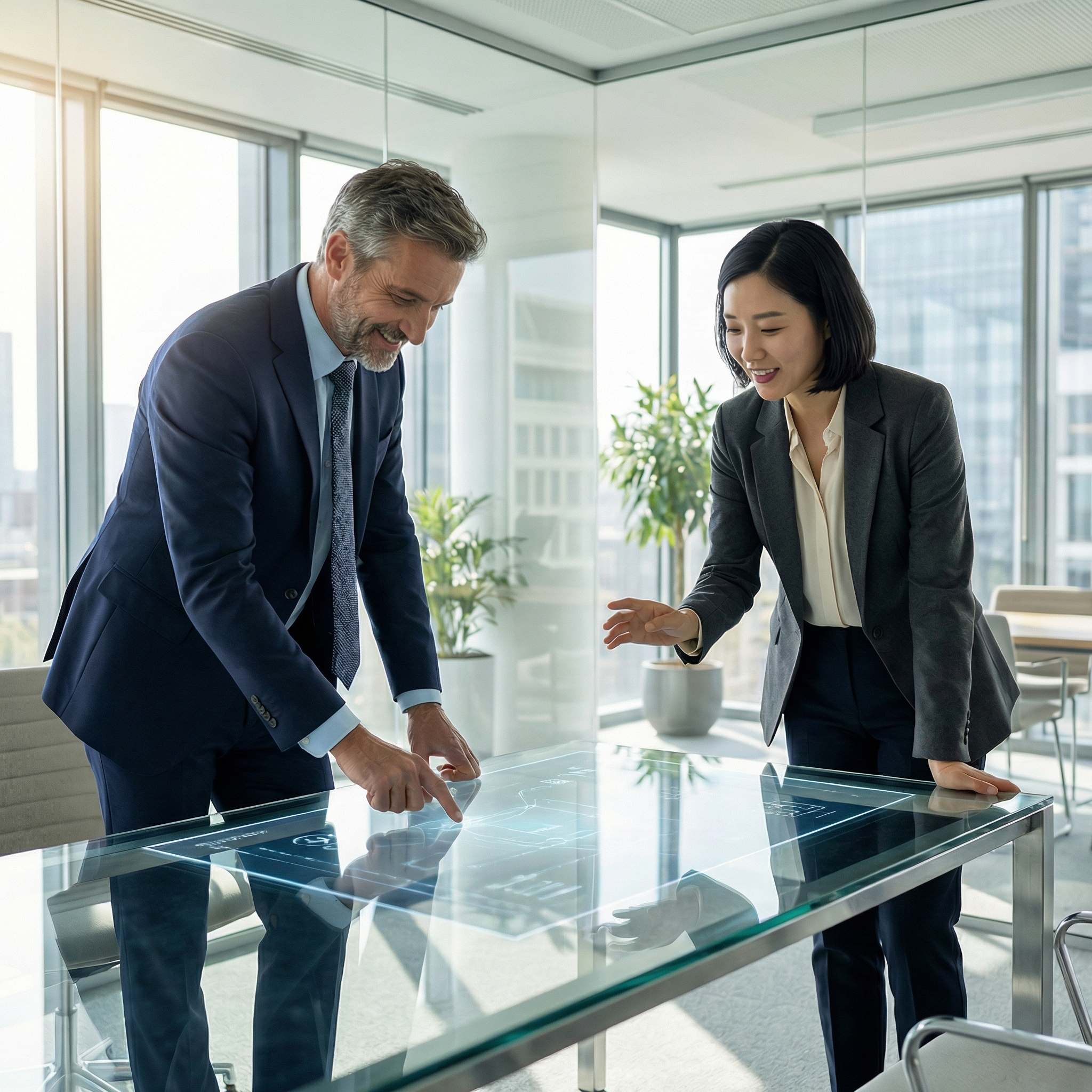 사무실에서 두 명의 전문가가 유리 테이블 위에 디지털 인터랙티브 디스플레이를 보고 상담하고 있다.