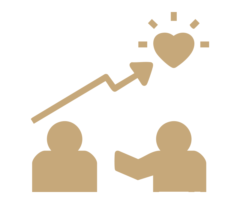 Silhouette of two people with a rising arrow and a heart symbol above them, representing growth or success in love or relationships.