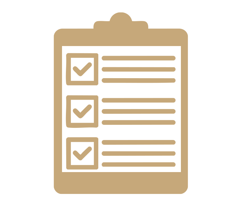 A beige clipboard with three checked boxes and lines of text next to each checkbox.