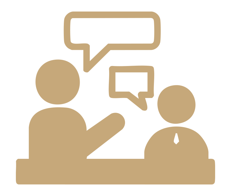 Silhouettes of two people in a discussion, with speech bubbles above their heads indicating conversation.