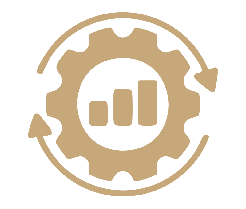 A gear icon with a bar chart inside and two circular arrows around it, representing process optimization or continuous improvement.