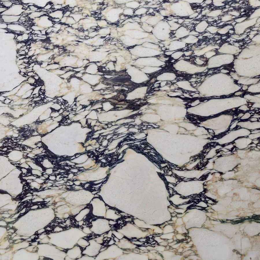 A close-up of a white and black marble surface with intricate veining patterns.