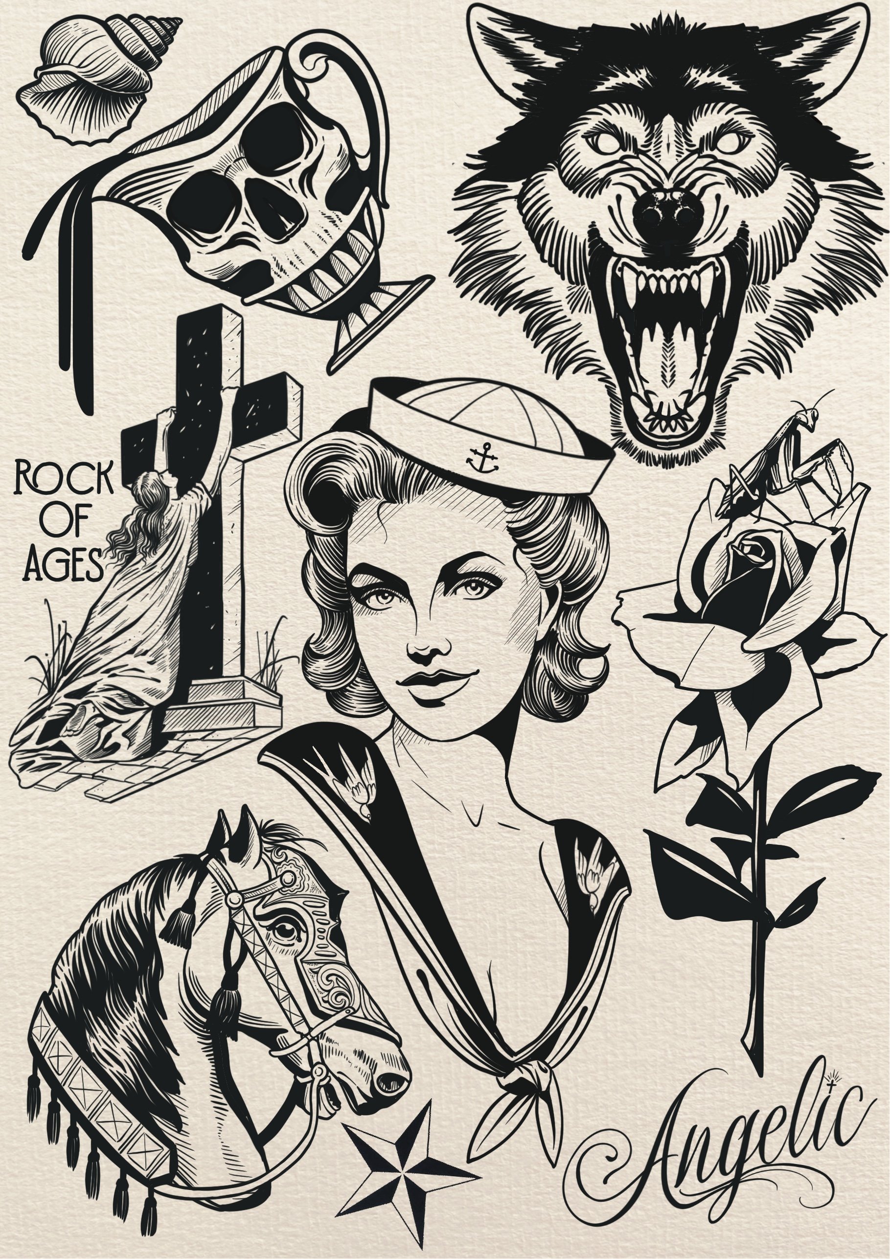 Traditional style blackwork tattoo flash with wolf, skull, rose and sailor portrait, custom tattoo designs by Auckland New Zealand artist