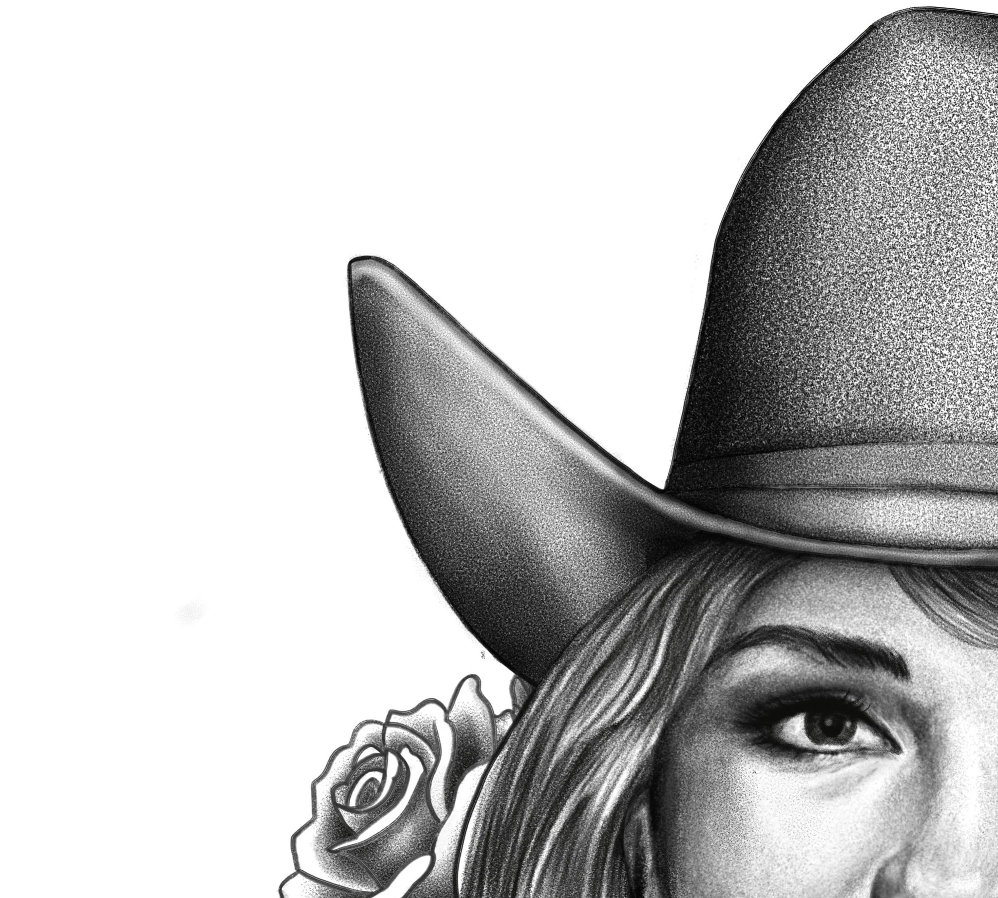 Black and grey cowgirl portrait illustration with hat and rose, detailed hand drawn ink artwork by New Zealand illustrator for commercial and editorial use