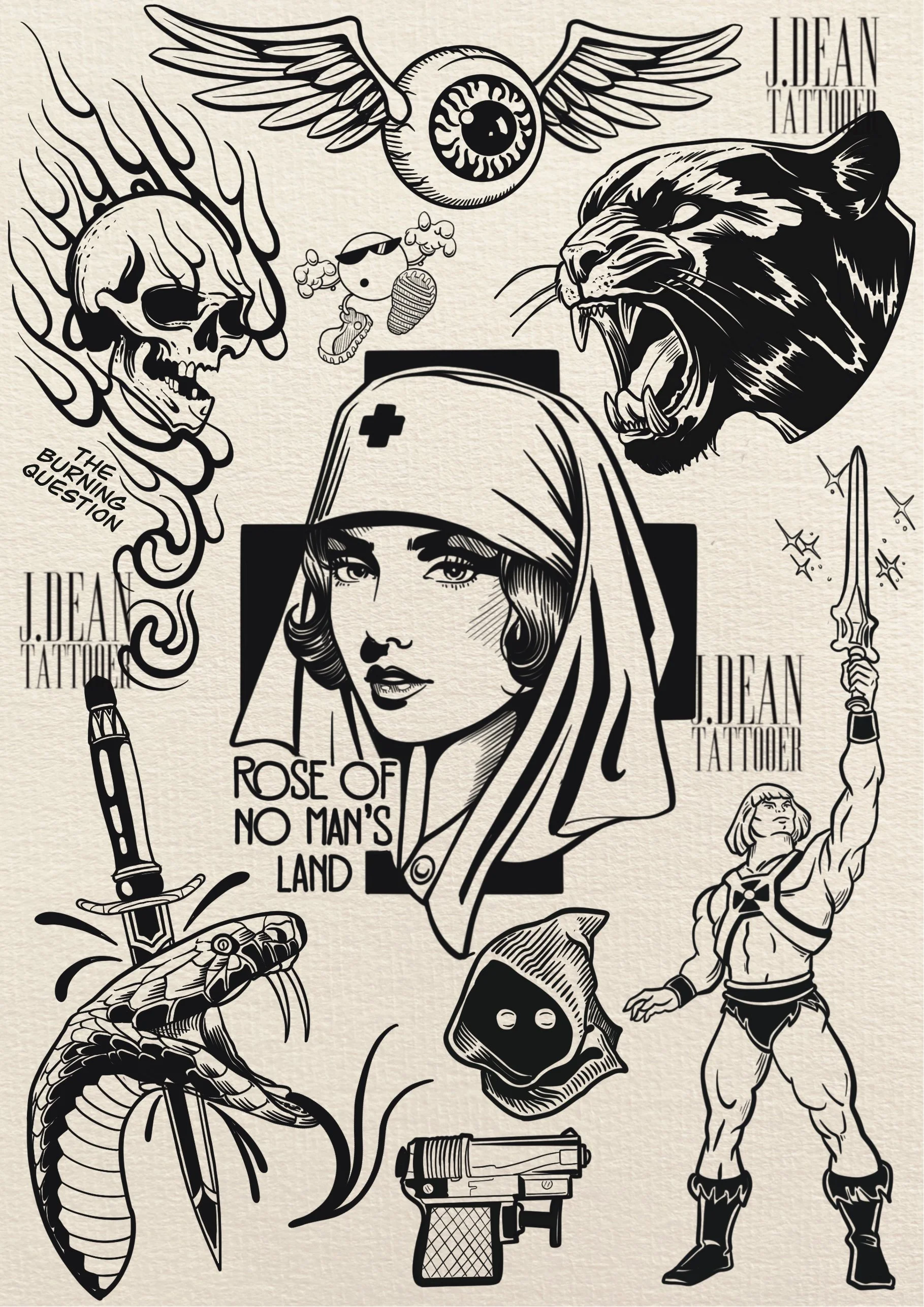 Fine line blackwork tattoo flash featuring Virgin Mary figure, zebra and stylised portraits, custom tattoo designs by Auckland New Zealand artist