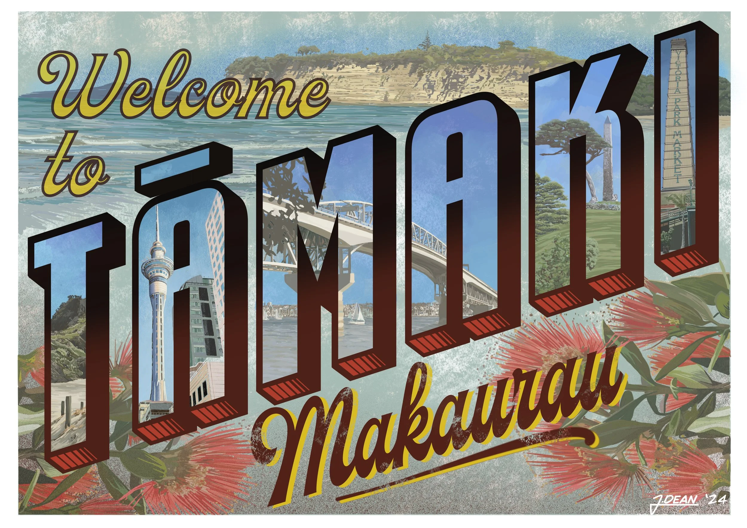 Illustrated poster of Tāmaki Makaurau Auckland featuring landmarks and typography, created for commercial, tourism and editorial use