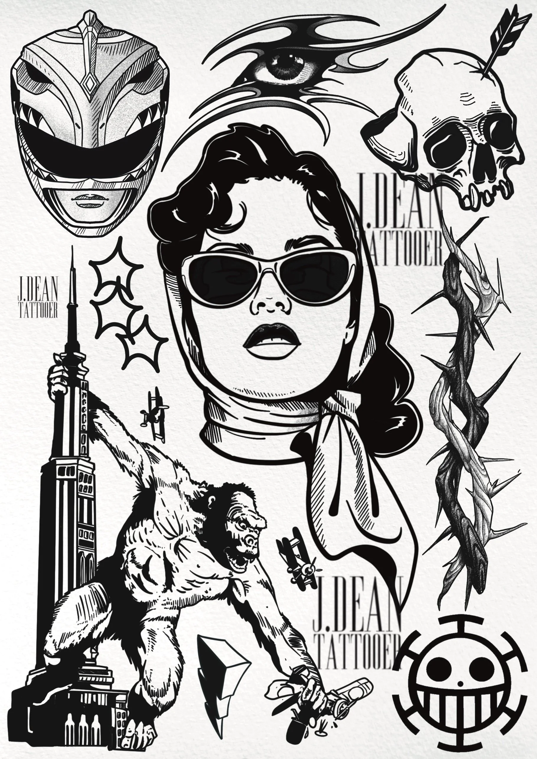 Blackwork tattoo flash sheet featuring portrait, skull, eye and illustrative elements, custom tattoo designs by Auckland New Zealand tattoo artist