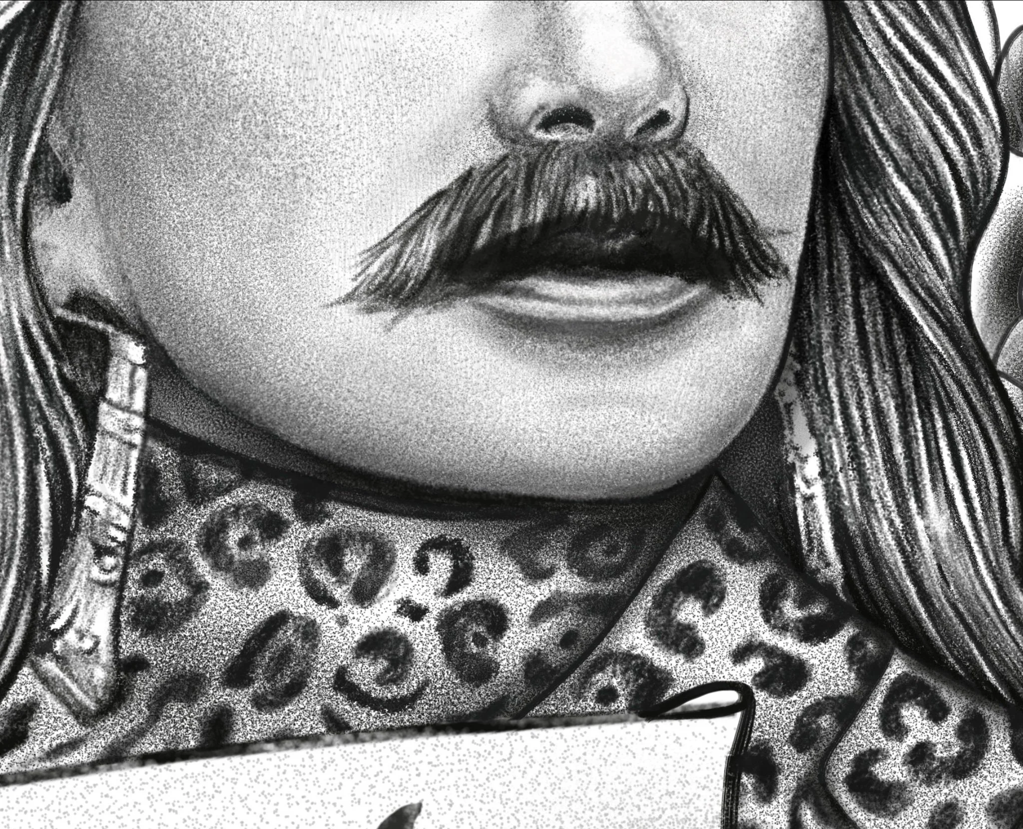 Stylised portrait illustration with moustache in detailed black ink, hand drawn artwork suitable for editorial, branding and commercial use