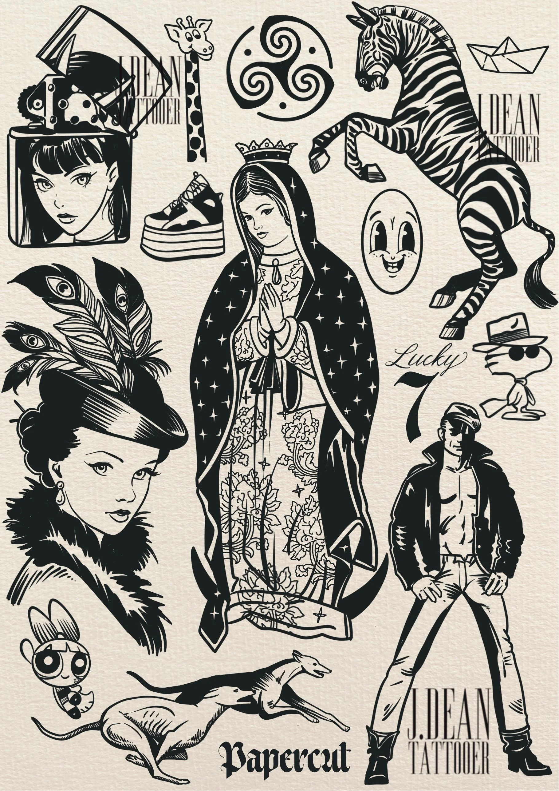 Illustrative blackwork tattoo flash featuring nurse portrait, panther, dagger and bold graphic elements, custom tattoo work by Auckland New Zealand artist