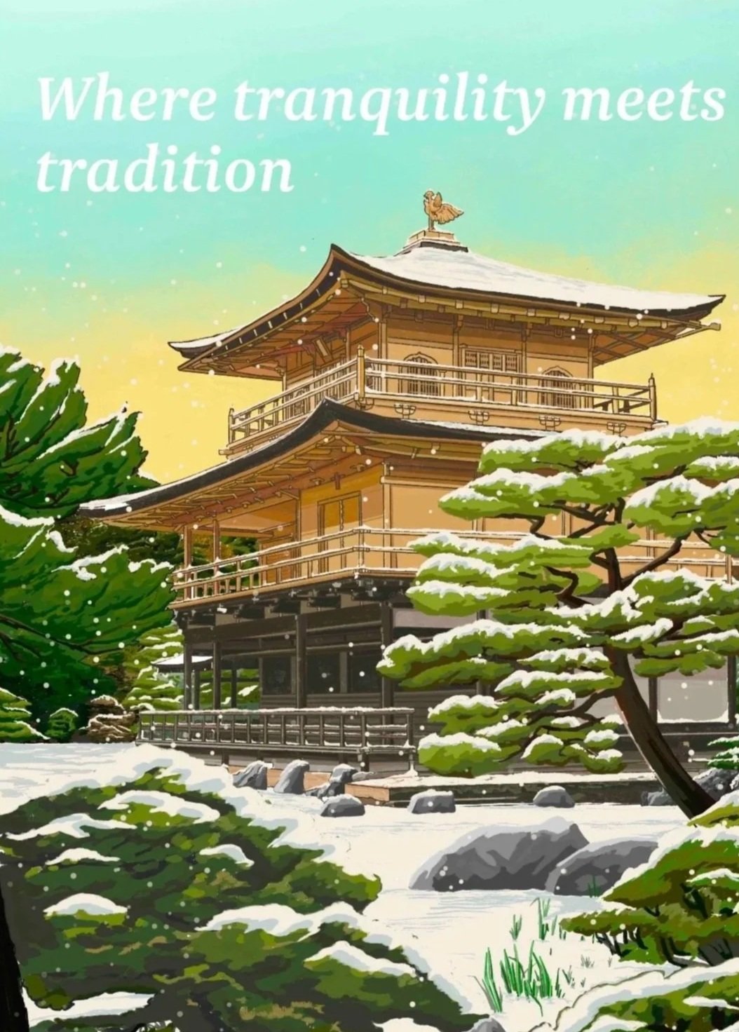 Illustration of a traditional Japanese temple in a snow-covered landscape with green trees. The sky is pastel-colored with an inspirational quote, 'Where tranquility meets tradition. created by James Dean Tattooer.