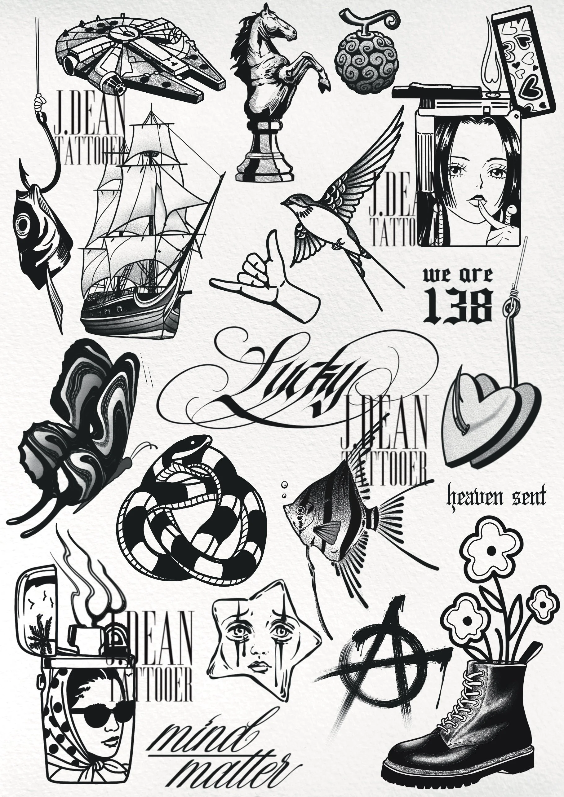 Eclectic blackwork tattoo flash sheet with ship, snake, butterfly and lettering, custom tattoo designs by Auckland New Zealand tattoo artist