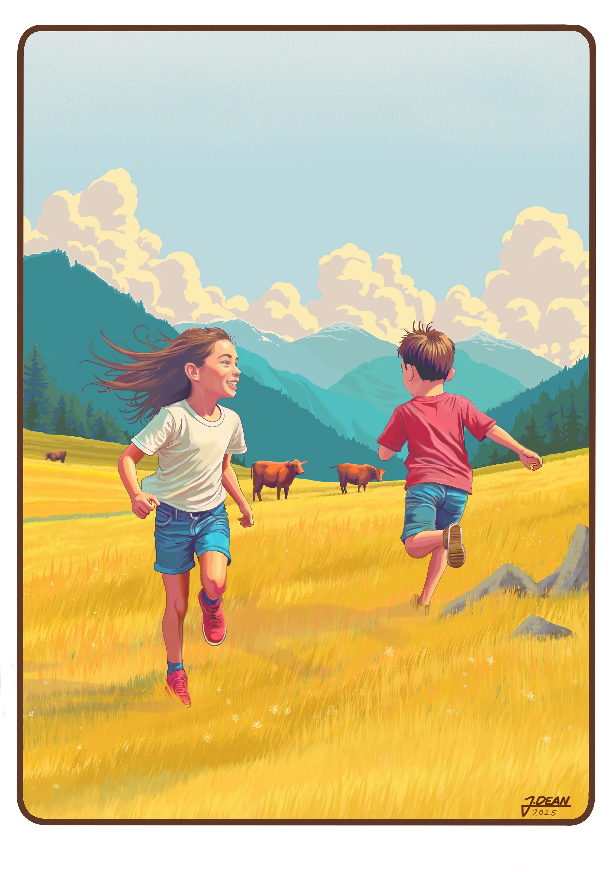 Children running through countryside landscape, vibrant storytelling illustration with cinematic lighting by Auckland New Zealand illustrator