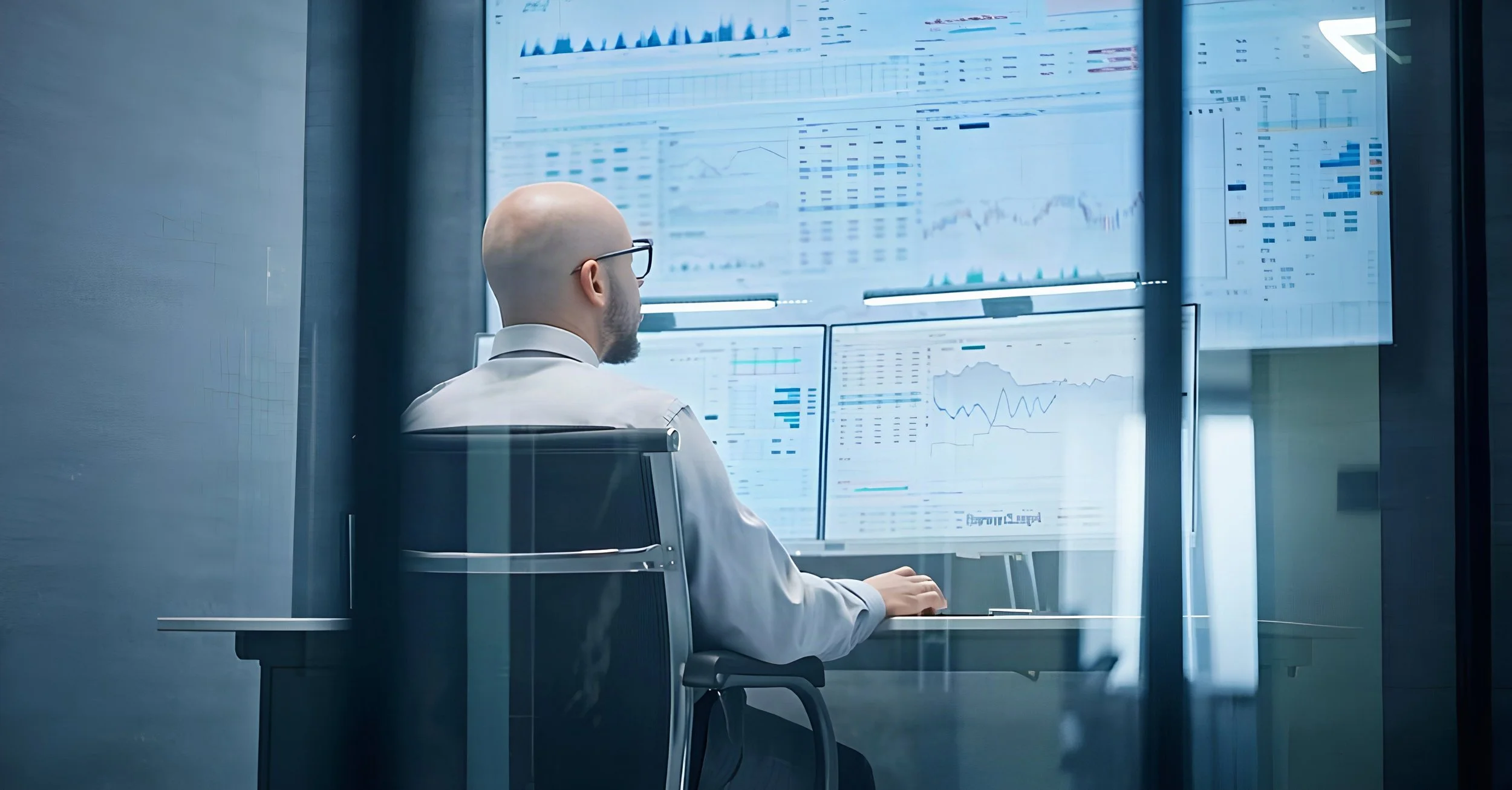 A man with a bald head and glasses, dressed in a white shirt, sitting in front of multiple large computer screens displaying charts, graphs, and data in a modern office setting.
