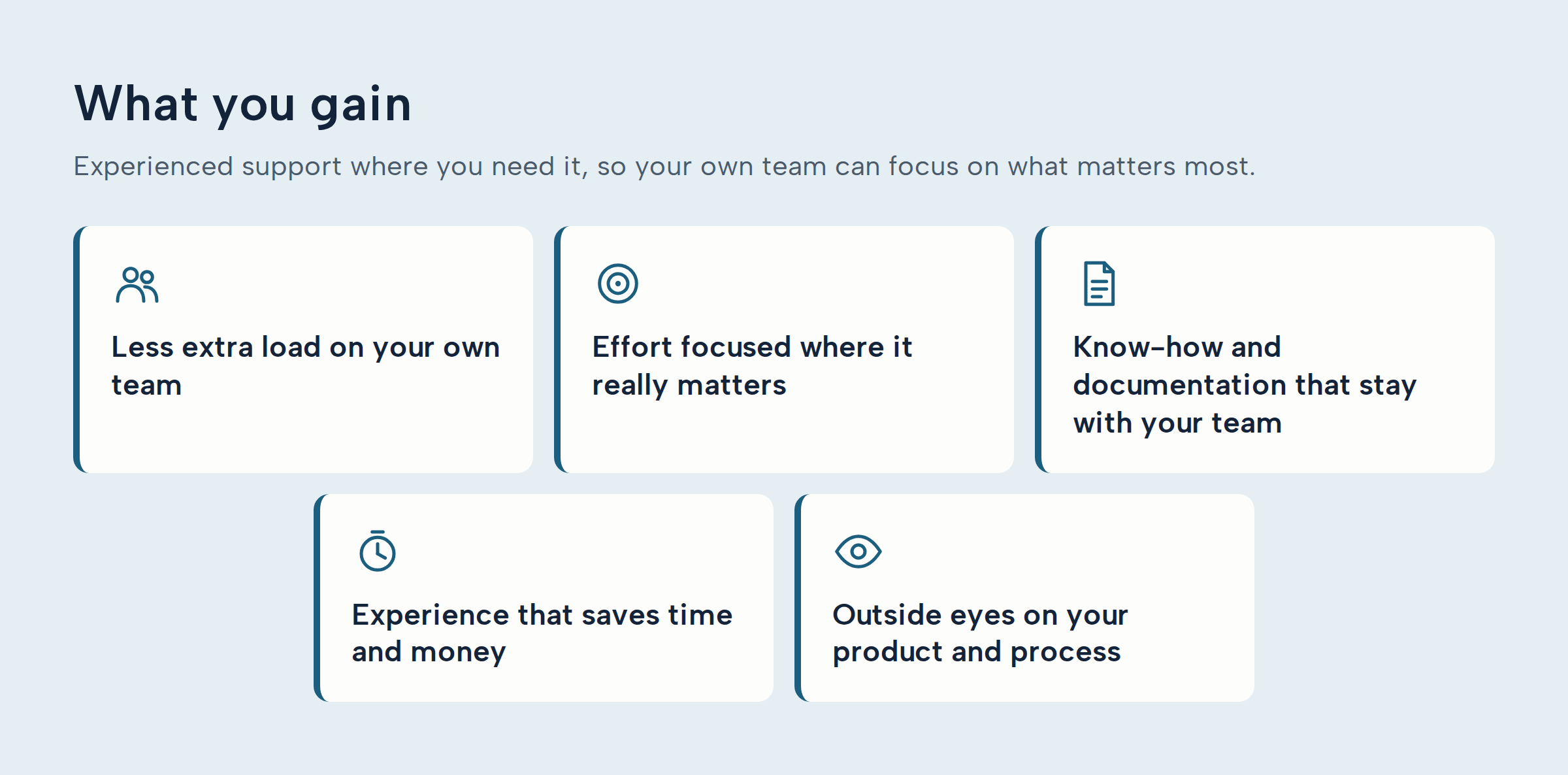 Section titled 'What you gain' with bullet points about support, effort, documentation, saving time, and outside eyes on a team or product.