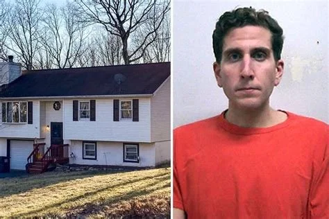 A split image of a house with trees in the background on the left and a man with curly hair wearing a red shirt on the right.