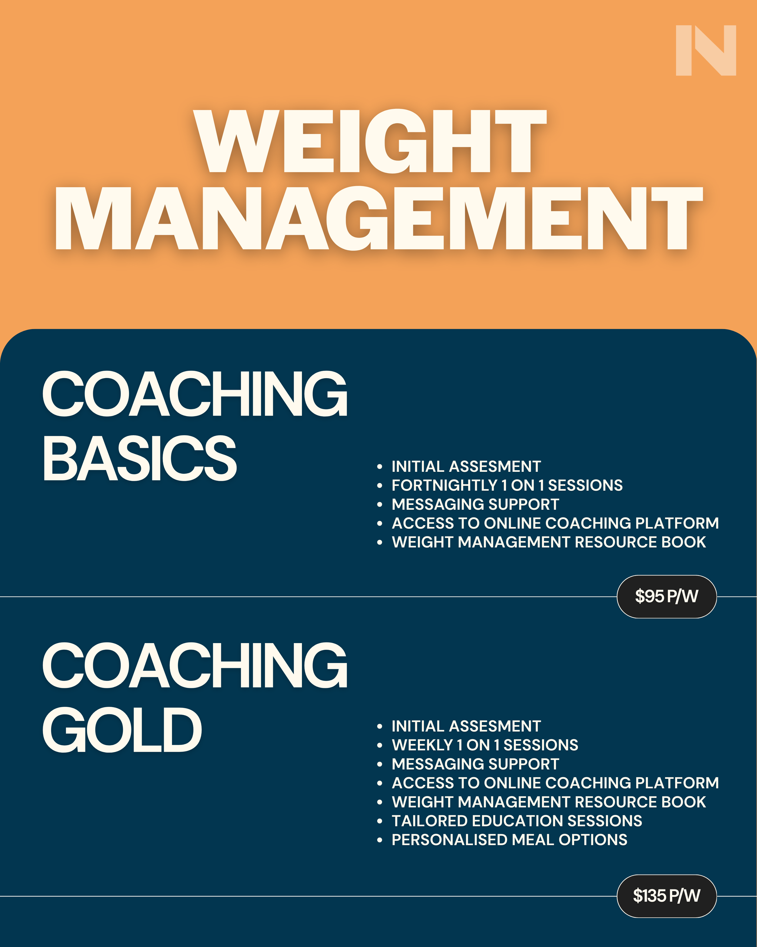 A flyer advertising weight management coaching services with two tiers: Coaching Basics for $95 per week, including initial assessment, weekly sessions, messaging support, access to online platform, and a weight management resource book. Coaching Gold for $135 per week, adding weekly sessions, tailored education, and personalized meal options.
