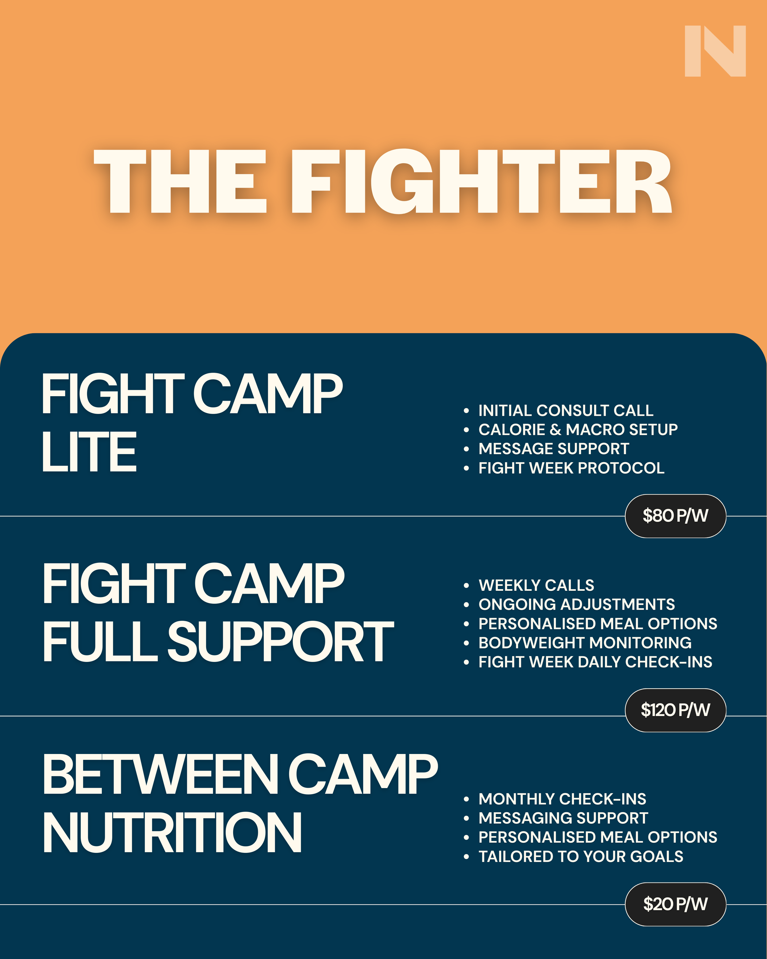 A promotional flyer for fight camp packages, featuring three options: Fight Camp Lite, Fight Camp Full Support, and Between Camp Nutrition, with details of each package's features and prices.