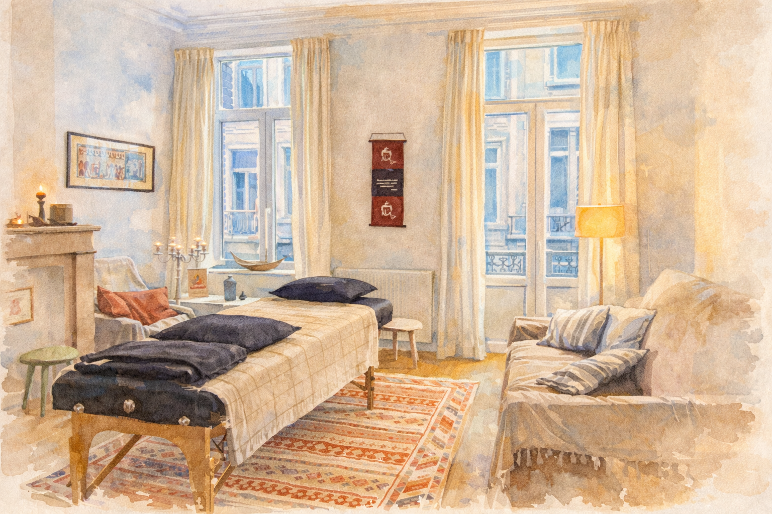 Cabinet de thérapie psycho-corporelle et soins énergétiques à Bruxelles, avec table de soin dans un espace calme et lumineux.