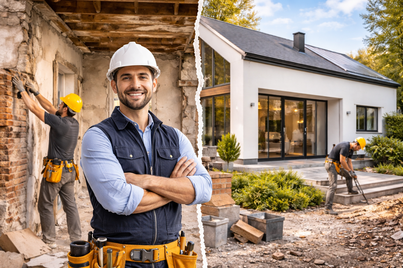 Prima e dopo una ristrutturazione di un immobile, persone sorridenti che lavorano e gestiscono ogni fase del cantiere. dalla progettazione alla realizzazione. Lavoriamo nella provincia di Lecco, Como e Brianza.