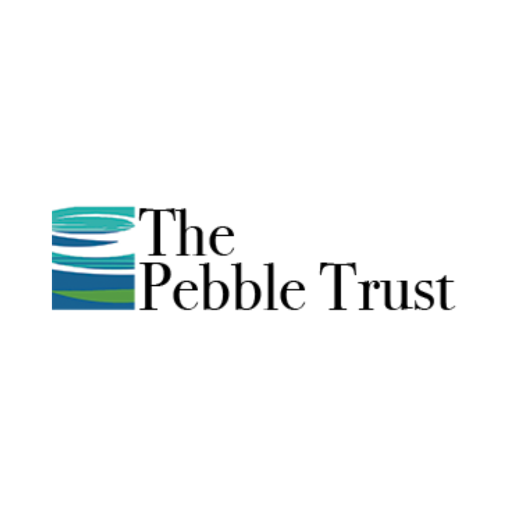 Logo of The Pebble Trust with stylized pebble graphic and black text