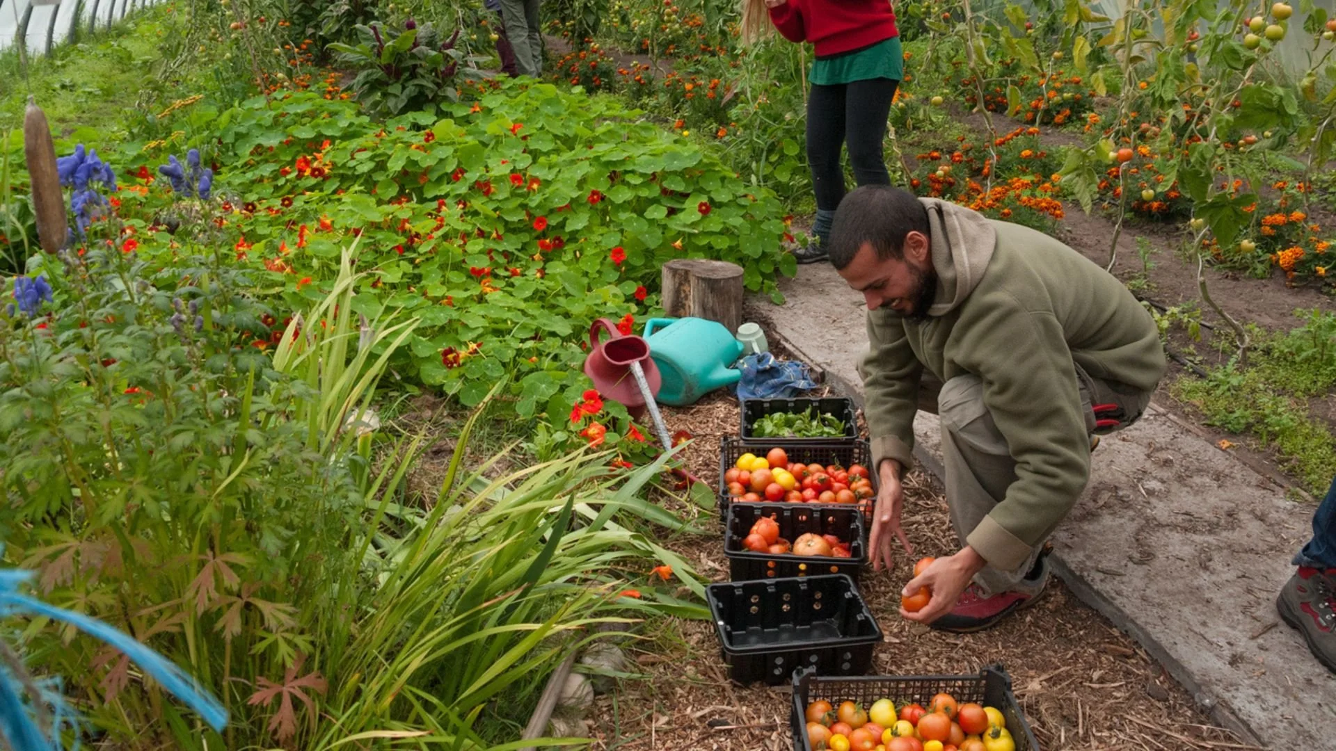 People harvesting tomatoes in a greenhouse garden.