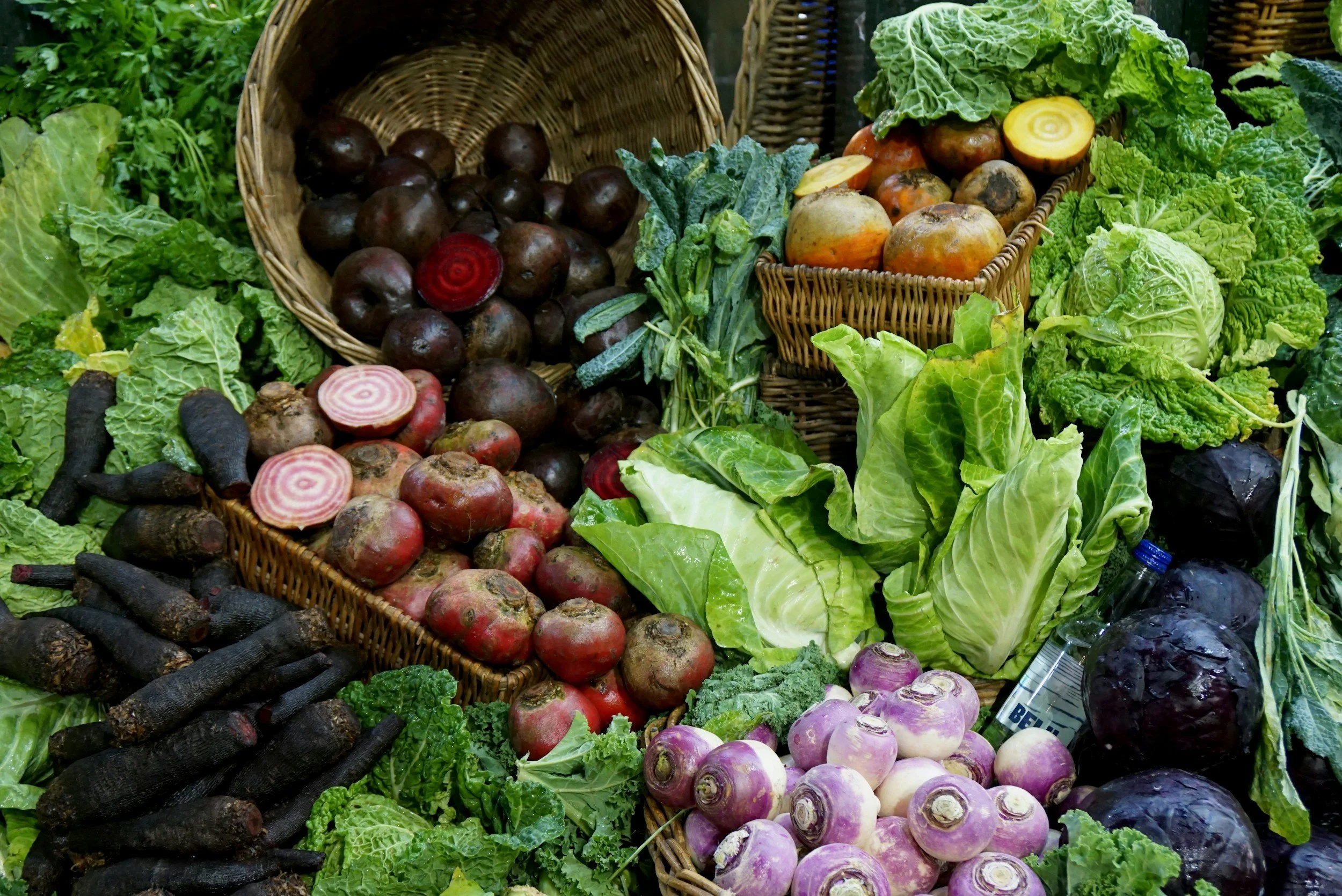 A colorful display of fresh vegetables and fruits at a market, including radishes, beets, black squashes, purple cabbages, turnips, kale, collard greens, lettuce, and carvindins.