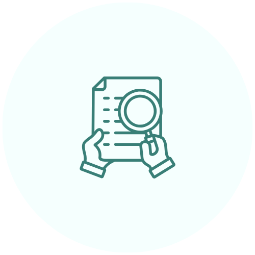 Line drawing of hands holding a piece of paper with a magnifying glass inspecting it.