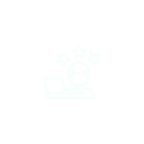 Icon of a person with short hair at a desk, surrounded by three stars.